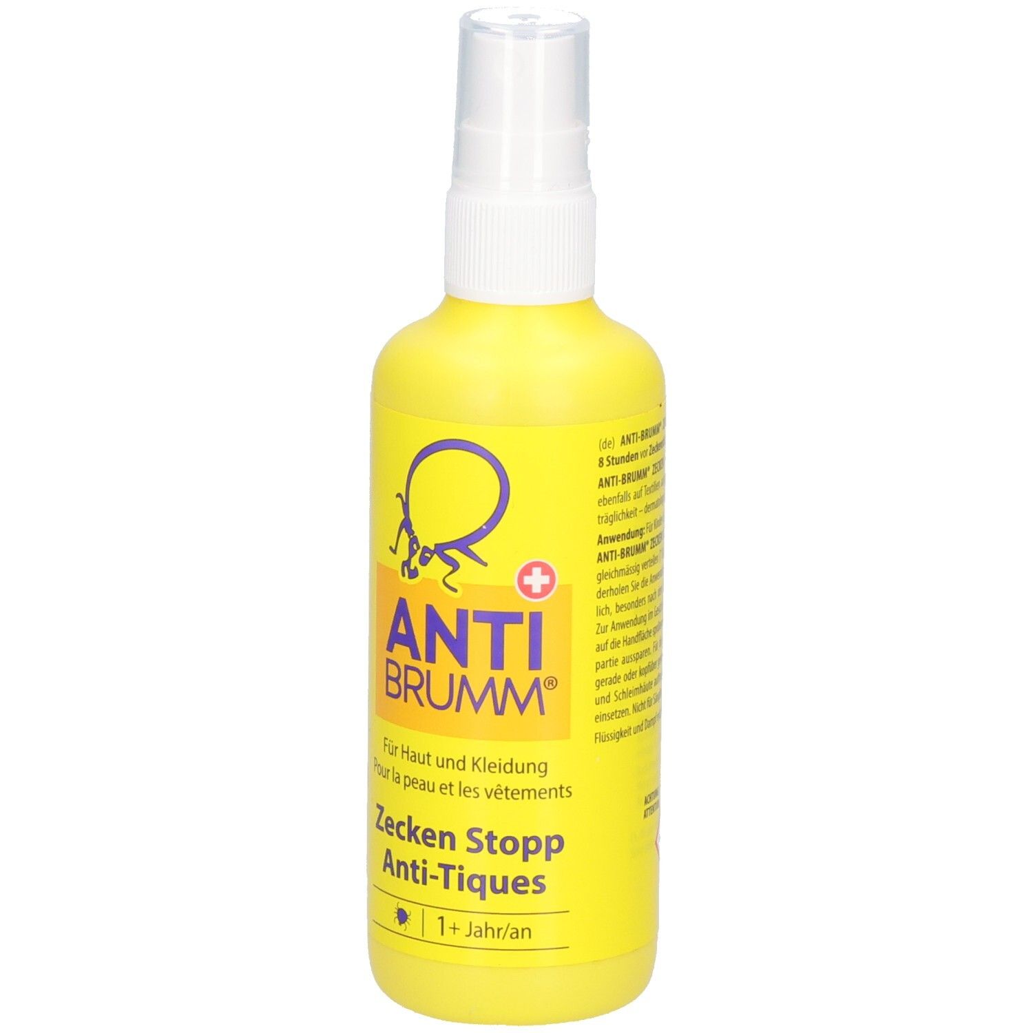Flacon spray jaune avec tête de pulvérisation blanche. Logo violet avec un insecte et inscription ANTI BRUMM. Texte : Zecken Stopp Anti-Tiques.