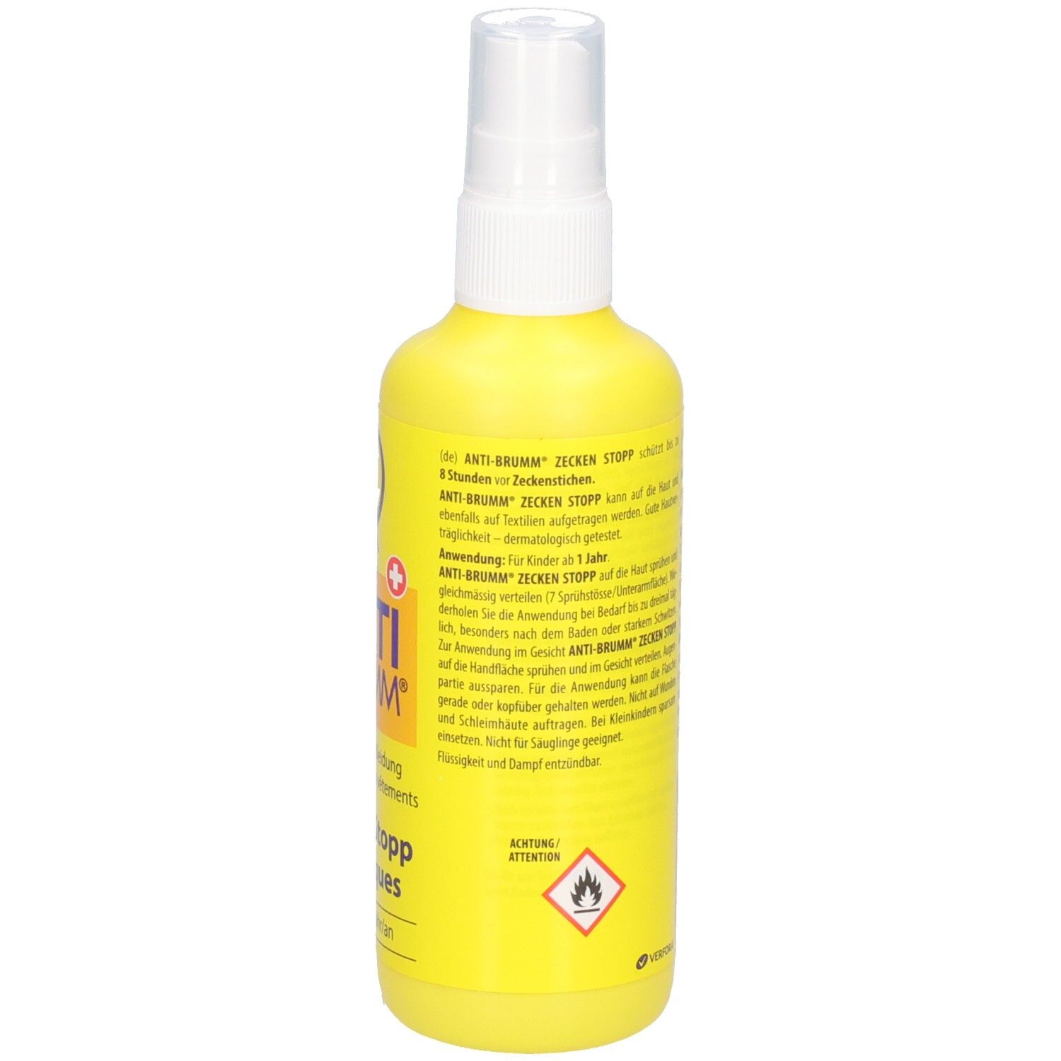 Arrière d'un flacon spray jaune avec symboles d'avertissement et instructions d'utilisation. Texte : Achtung! Attention!