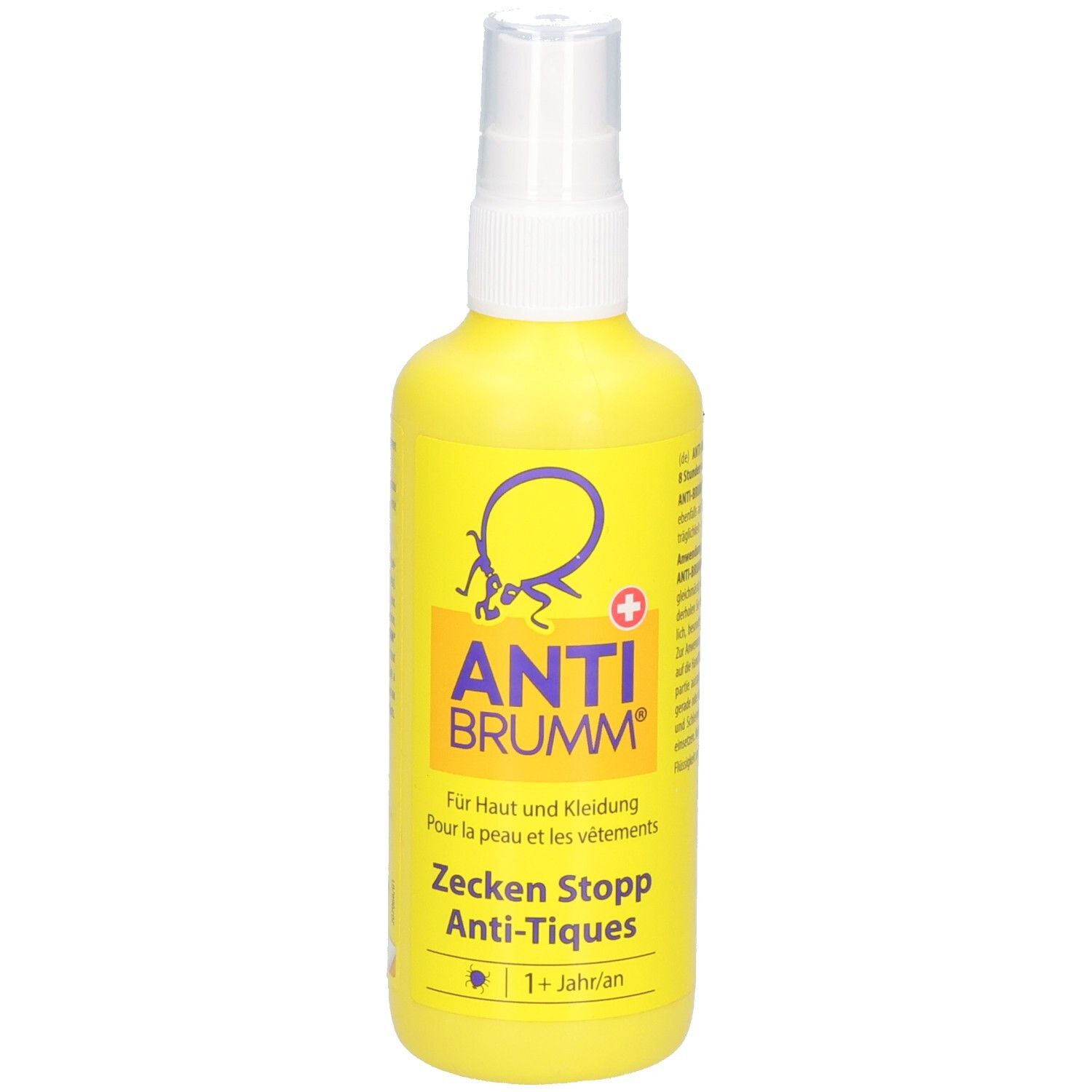 Flacon spray jaune avec tête de pulvérisation blanche. Logo violet avec un insecte et inscription ANTI BRUMM. Texte : Zecken Stopp Anti-Tiques.