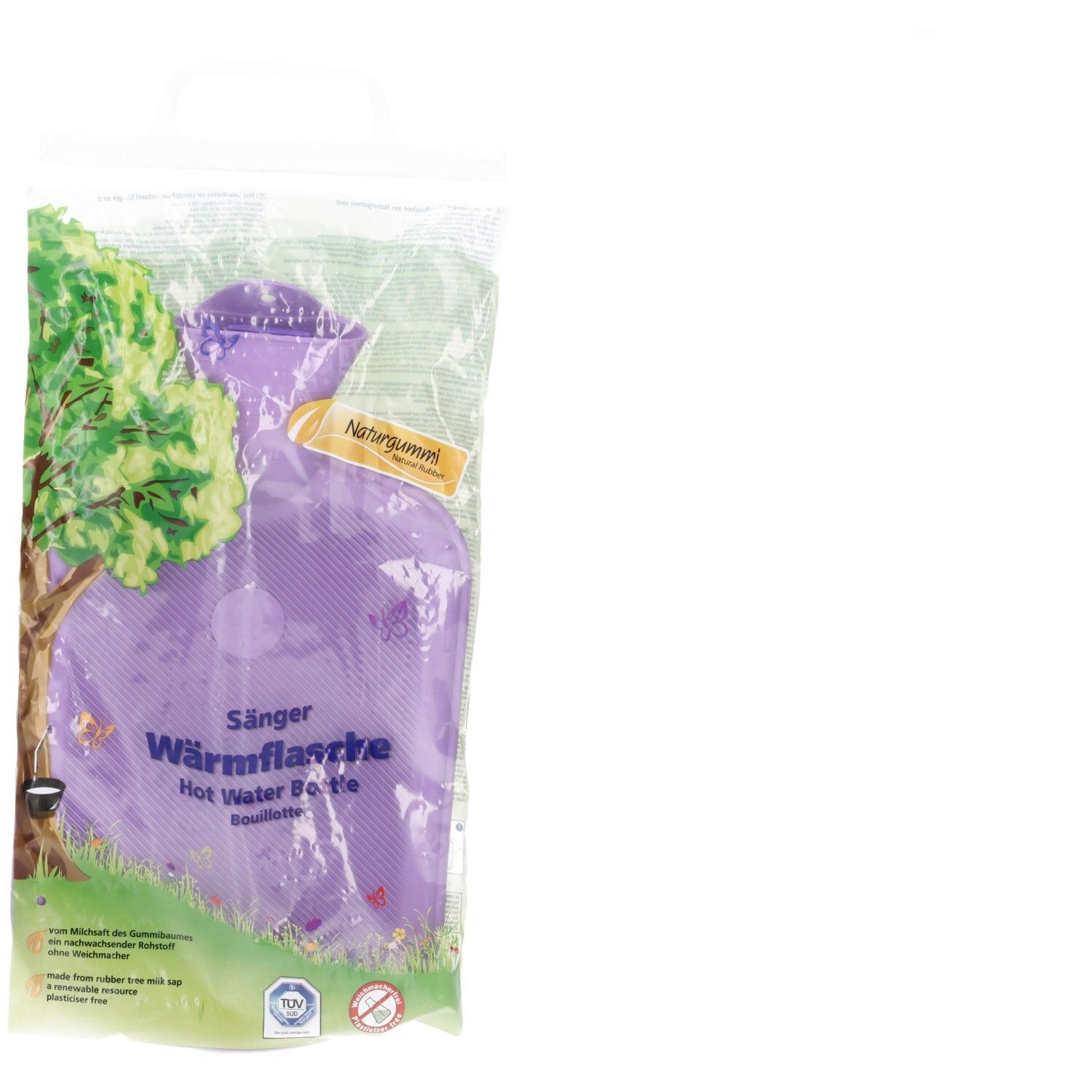 Lila Wärmflasche aus Naturkautschuk mit Lamellenstruktur, im Beutel verpackt.