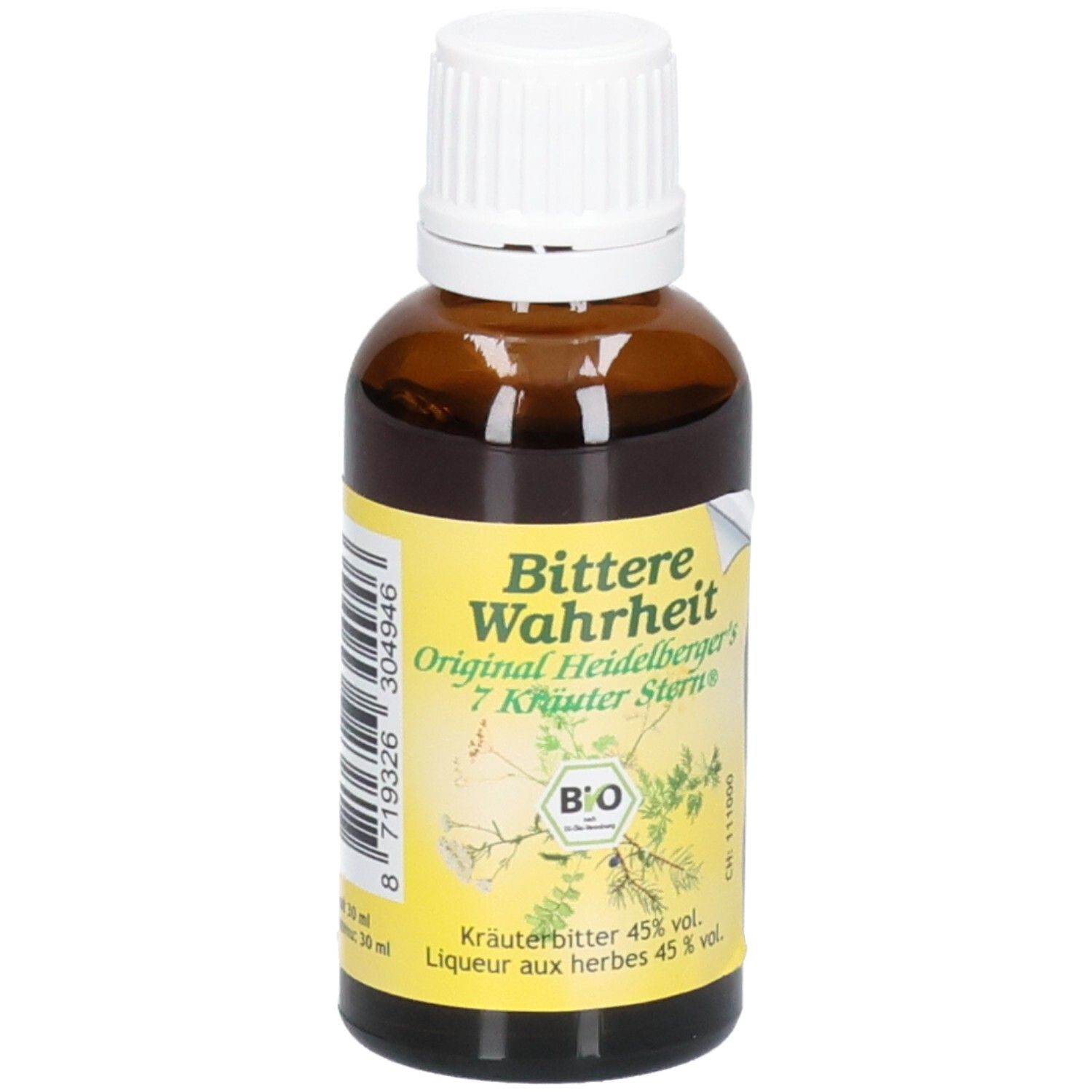 Braunglasflasche mit weißem Schraubverschluss, gefüllt mit Kräuterbitter. Gelbes Etikett mit Produktinformationen und Bio-Siegel.