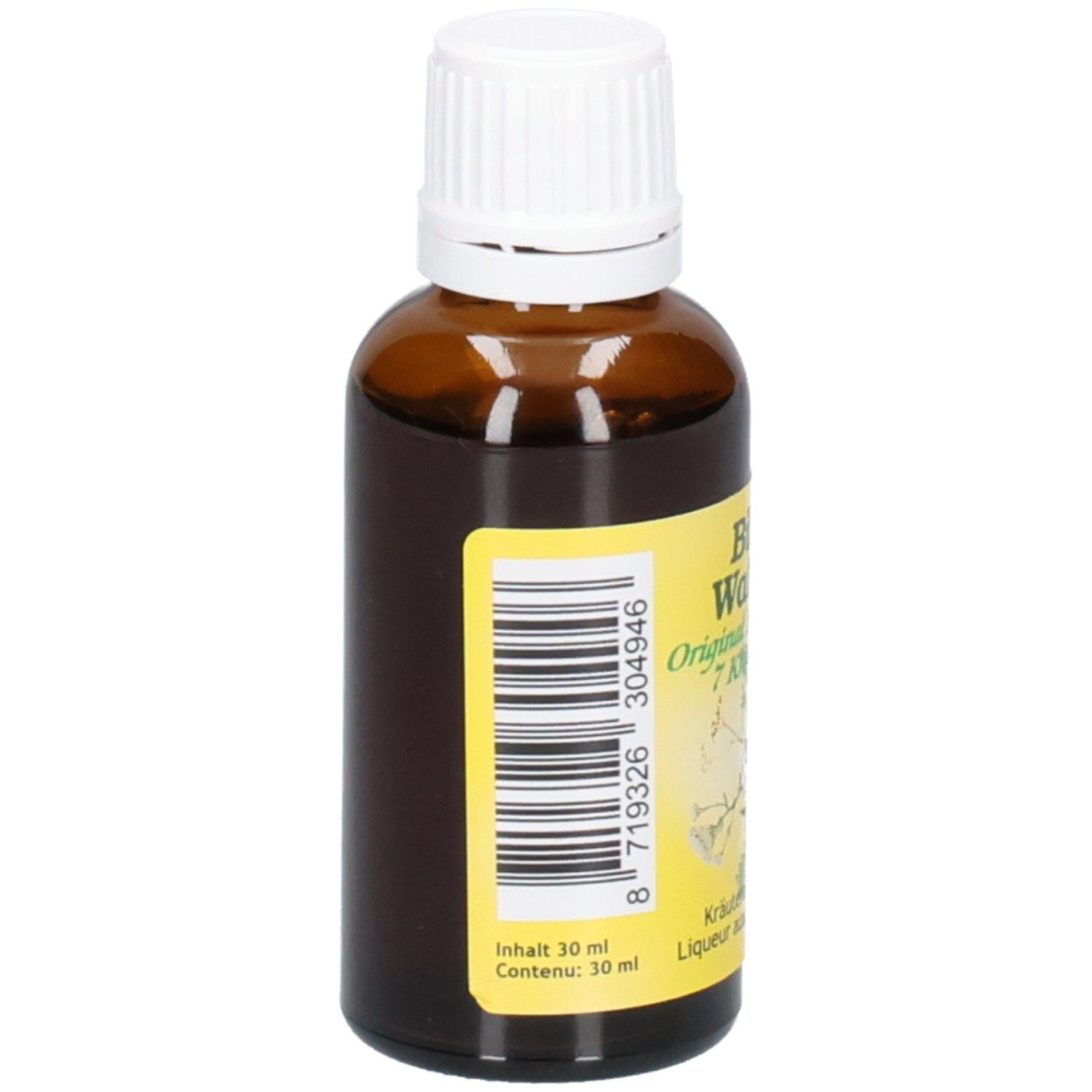 Rückseite einer Braunglasflasche mit Kräuterbitter. Etikett mit Barcode, Füllmenge und Bio-Siegel.