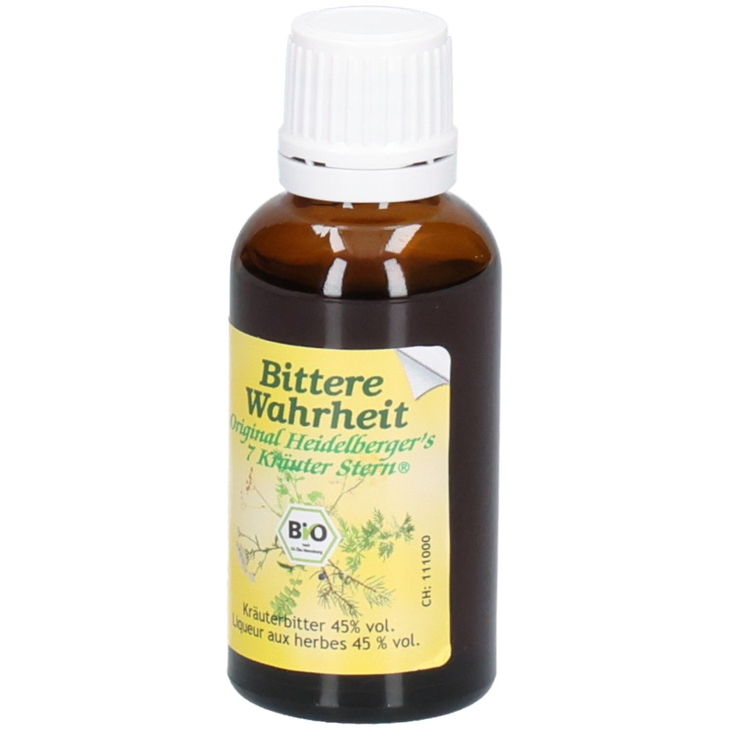 Braunglasflasche mit weißem Schraubverschluss, gefüllt mit Kräuterbitter. Gelbes Etikett mit Produktinformationen und Bio-Siegel.