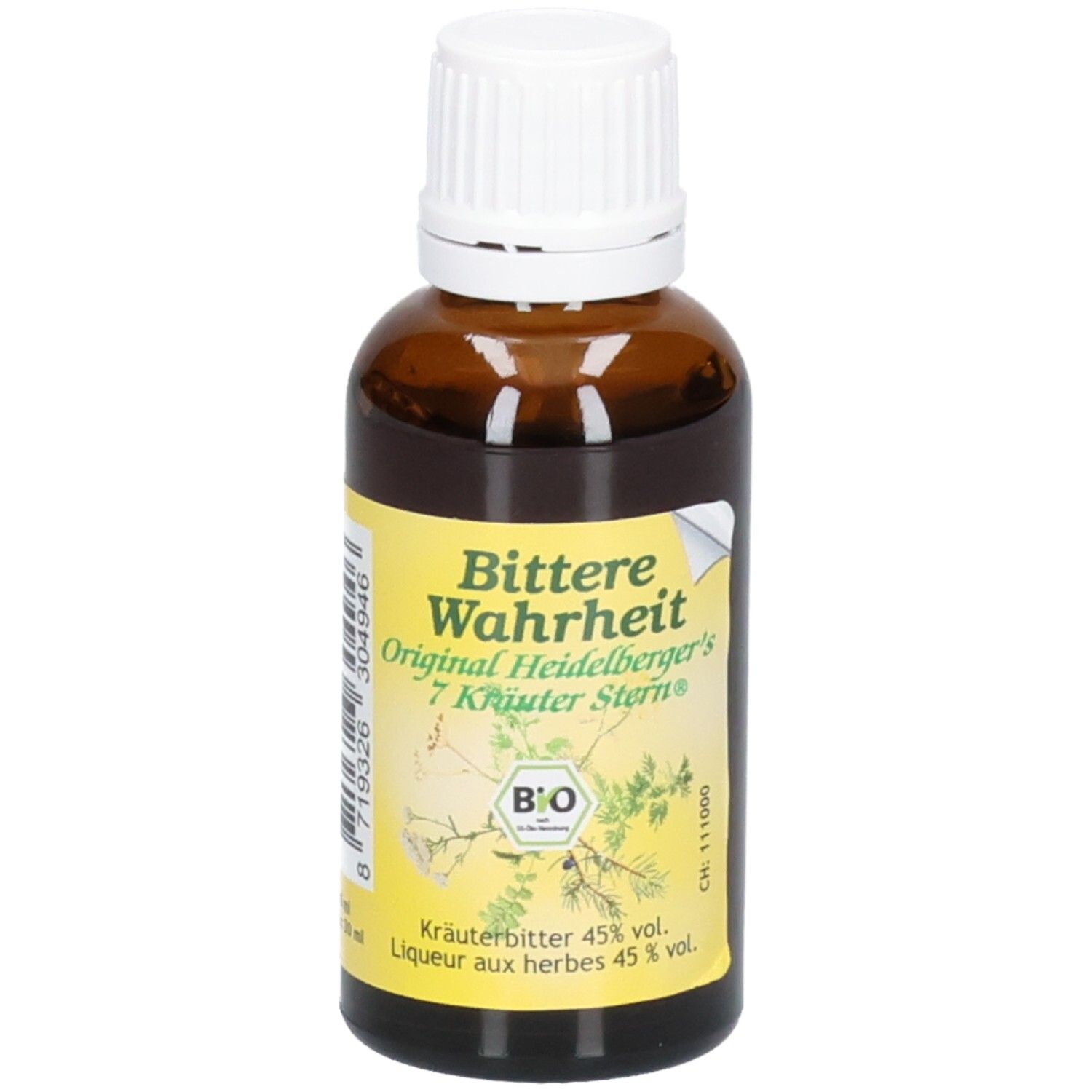 Braunglasflasche mit weißem Schraubverschluss, gefüllt mit Kräuterbitter. Gelbes Etikett mit Produktinformationen und Bio-Siegel.