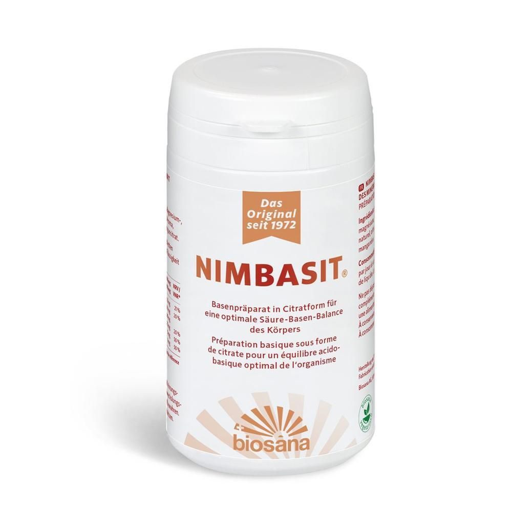 NIMBASIT Basenpräparat: Weißer Behälter mit orangefarbenem Etikett. Enthält Informationen über Säure-Basen-Balance.