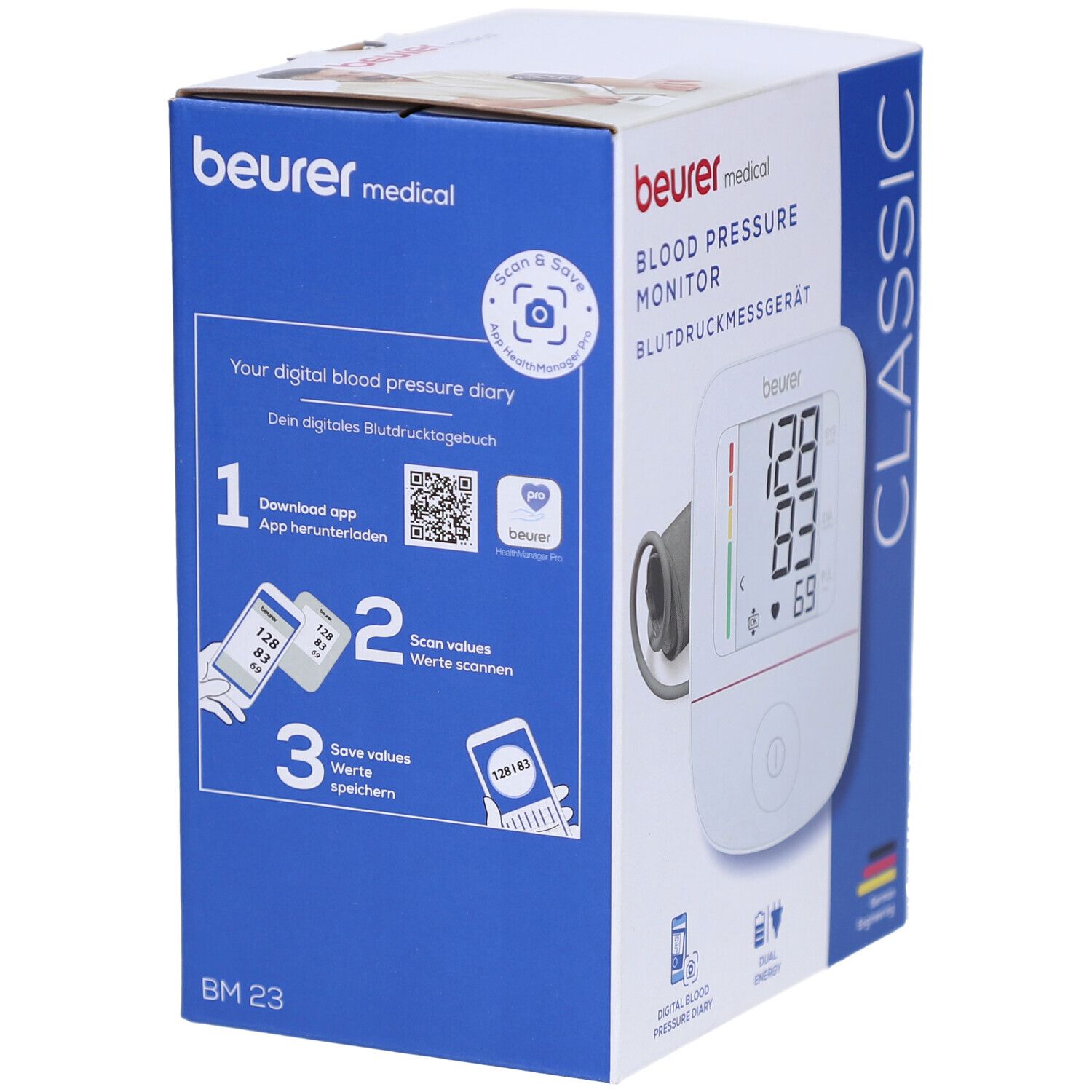 Verpackung mit Blutdruckmessgerät. QR-Code, App-Download-Anweisungen, Scan- und Speicherfunktionen. Beurer-Logo.