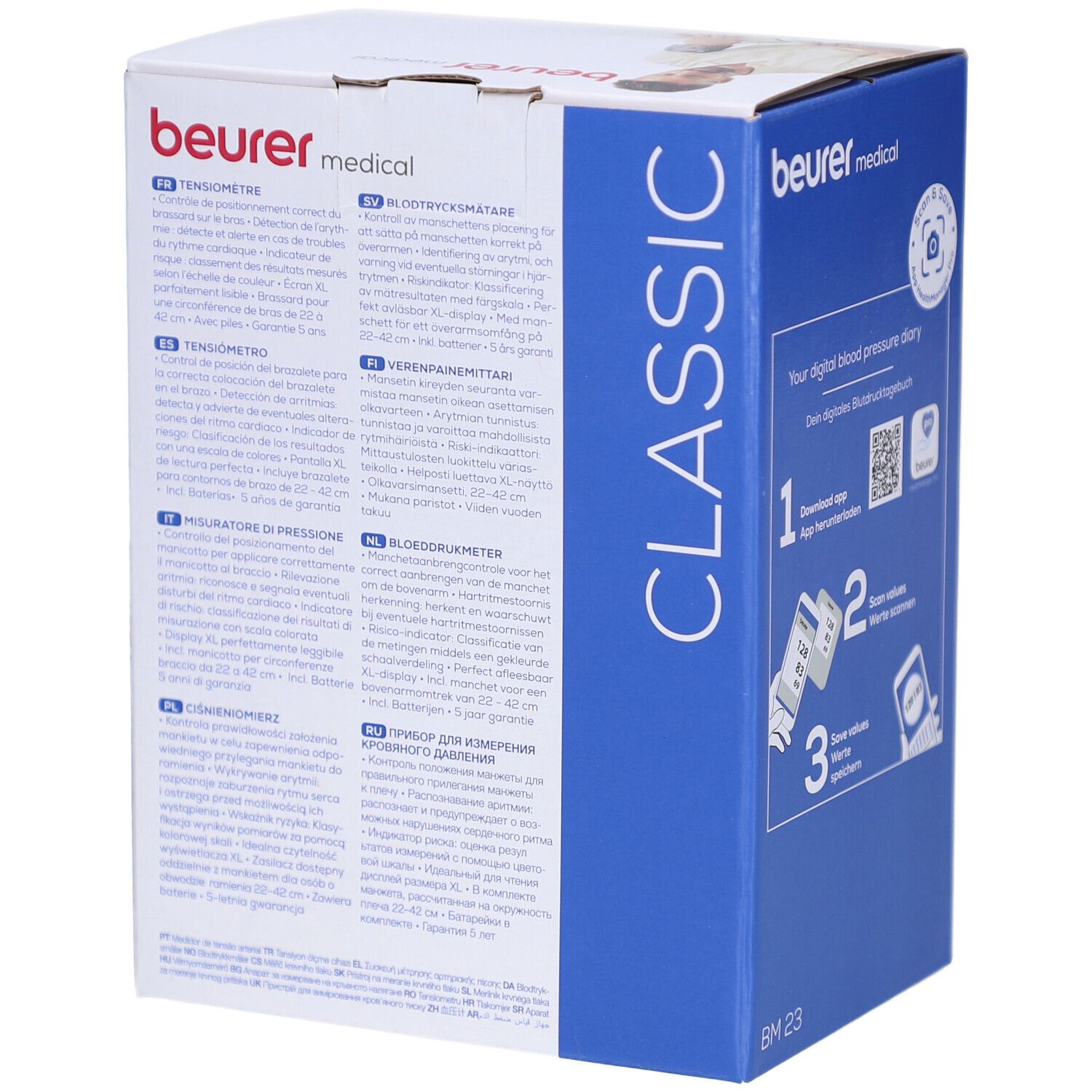 Rückseite der Verpackung mit mehrsprachigen Texten. Produktinformationen, Bedienungsanleitung, QR-Code. Beurer-Logo.