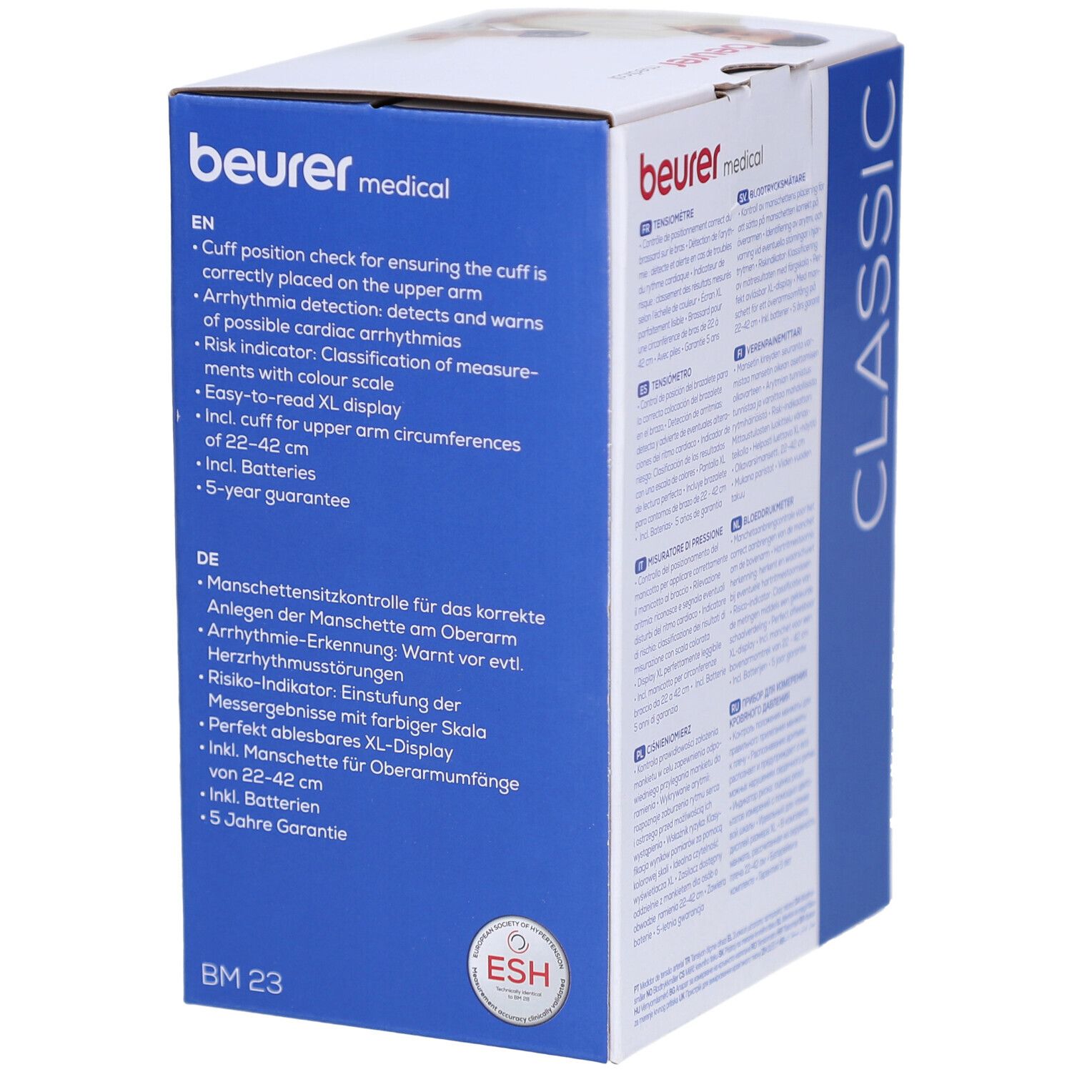 Verpackungsrückseite mit Produktmerkmalen in Englisch und Deutsch. ESH-Zertifizierung, 5 Jahre Garantie. Beurer-Logo.