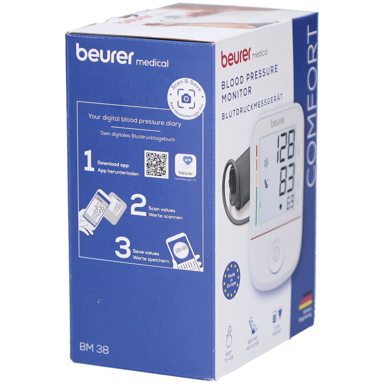 Verpackung des Blutdruckmessgeräts. Zeigt App-Download und Scan-Funktion. Marke: beurer medical. Modell: BM 38.