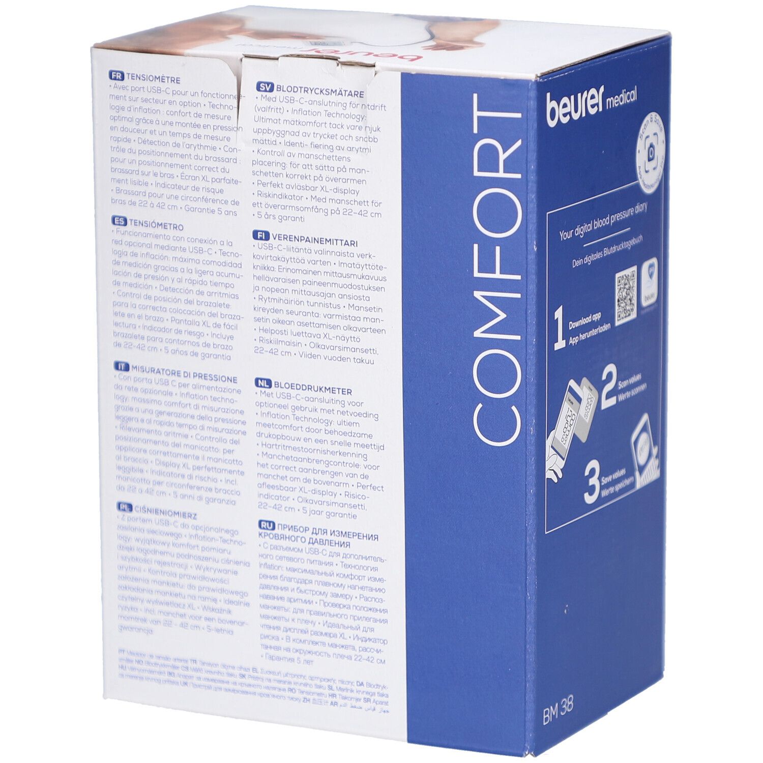Rückseite der Verpackung des Blutdruckmessgeräts. Text in mehreren Sprachen. Marke: beurer medical. Modell: BM 38.