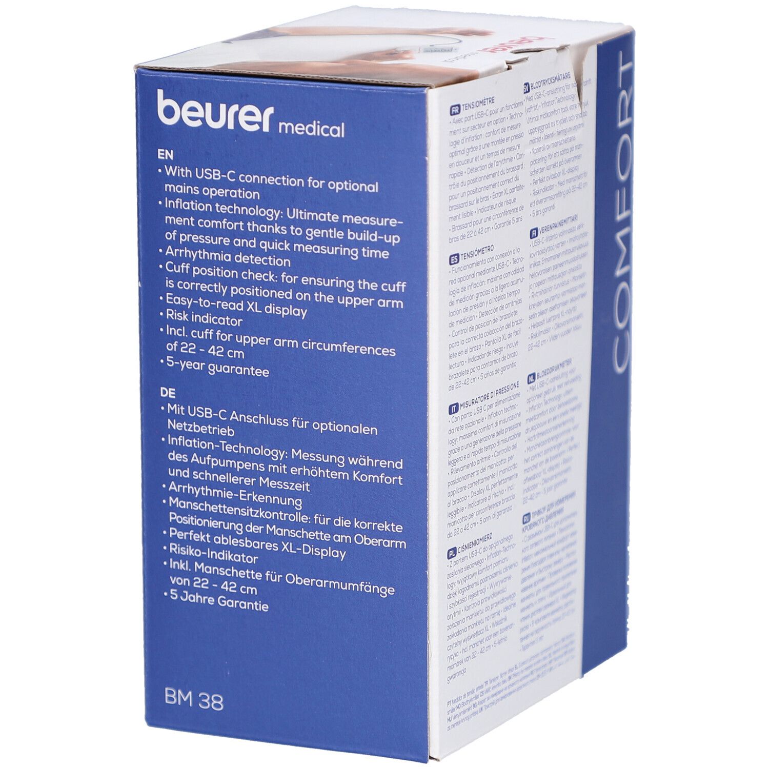 Seite der Verpackung des Blutdruckmessgeräts. Text in Englisch und Deutsch. Modell: BM 38. Marke: beurer medical.
