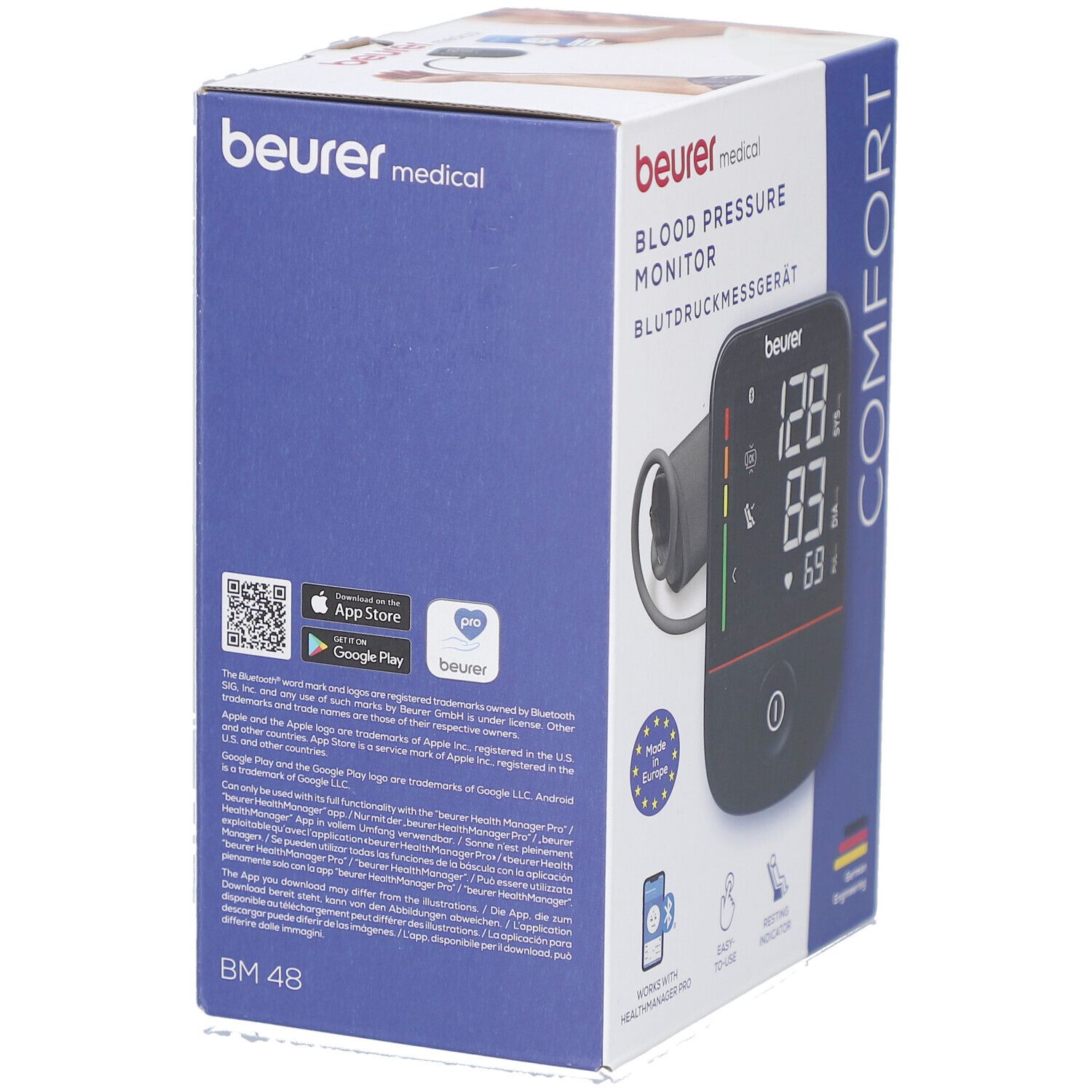 Verpackung des Blutdruckmessgeräts. Marke: beurer medical. QR-Code und App-Logos. Aufdruck: Blutdruckmessgerät, Comfort, BM 48.