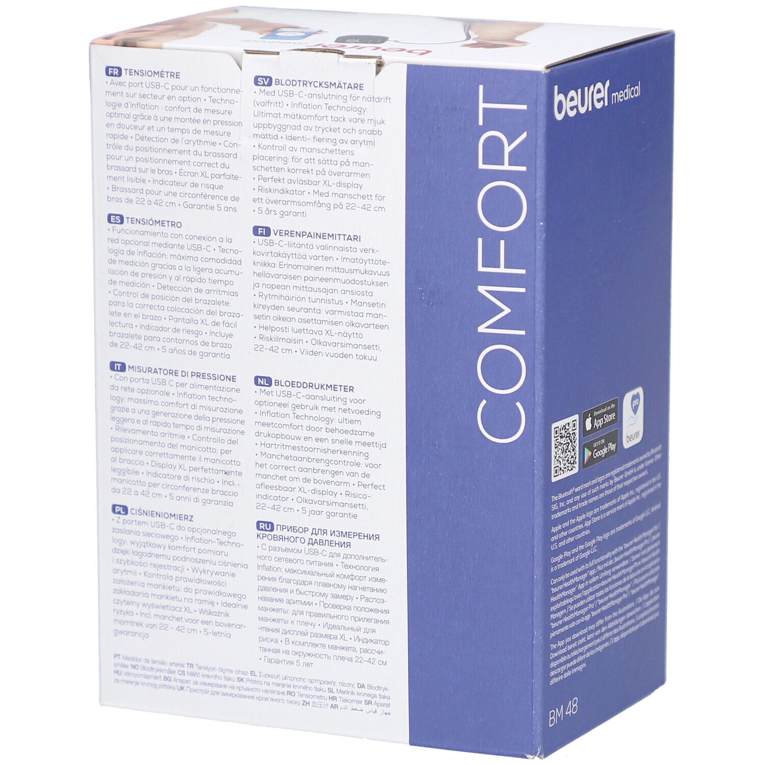 Rückseite der Verpackung. Text in mehreren Sprachen. Aufdruck: USB-C Anschluss, Manschette, 5 Jahre Garantie. Marke: beurer medical, BM 48.