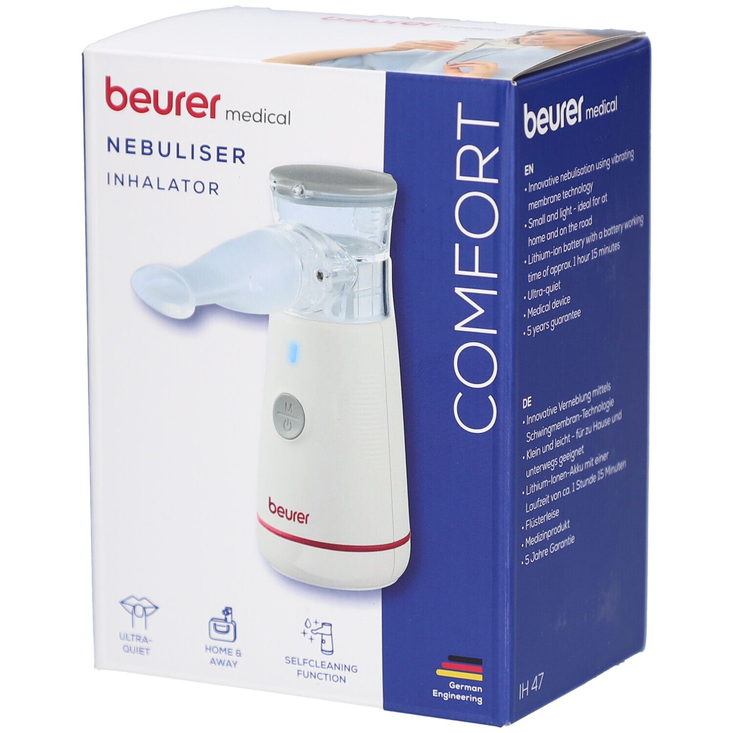 Beurer Inhalator IH 47 in Verpackung. Weißes Gerät mit Mundstück, blauem Licht und rotem Ring. Aufschrift: NEBULISER INHALATOR.