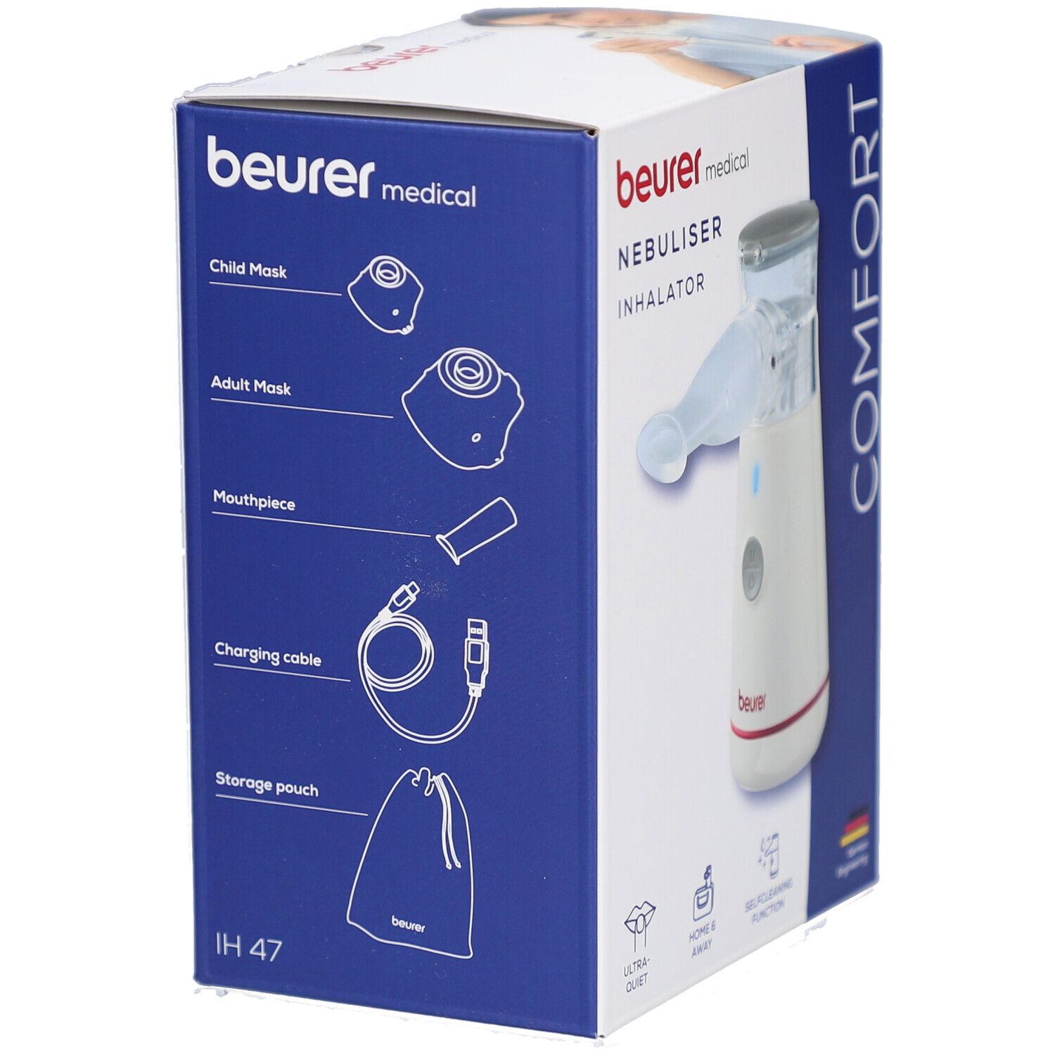 Verpackung des Inhalators Beurer IH 47. Zeigt Zubehör: Kindermaske, Erwachsenenmaske, Mundstück, Ladekabel und Aufbewahrungstasche.