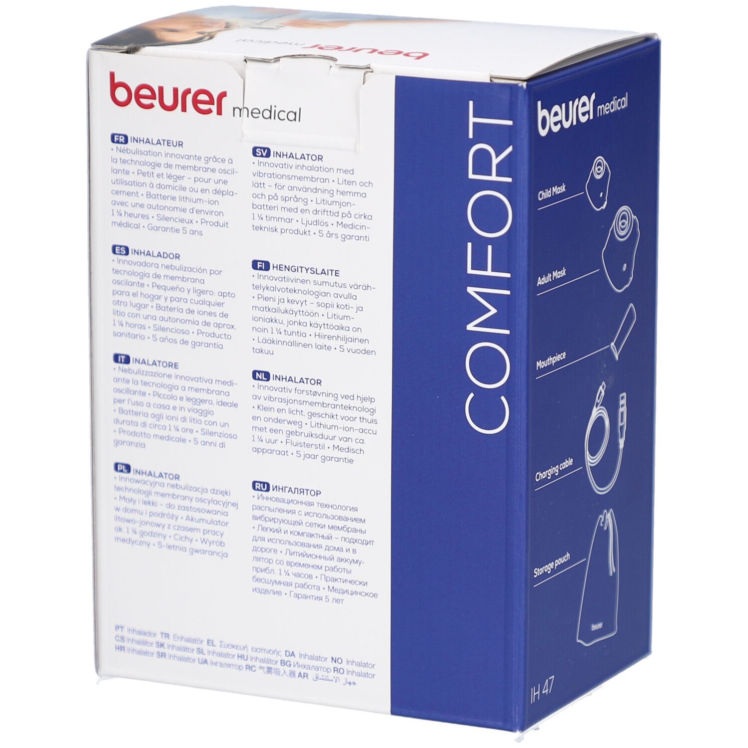 Rückseite der Verpackung des Inhalators Beurer IH 47. Text in mehreren Sprachen. Enthält Informationen zum Produkt.