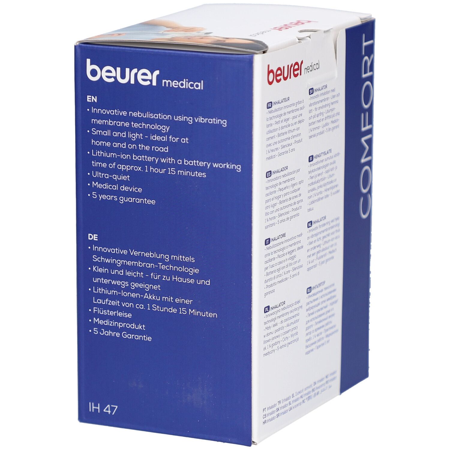 Verpackung des Inhalators Beurer IH 47. Text in Englisch und Deutsch. Beschreibt Eigenschaften wie Akku und Geräuscharmut.