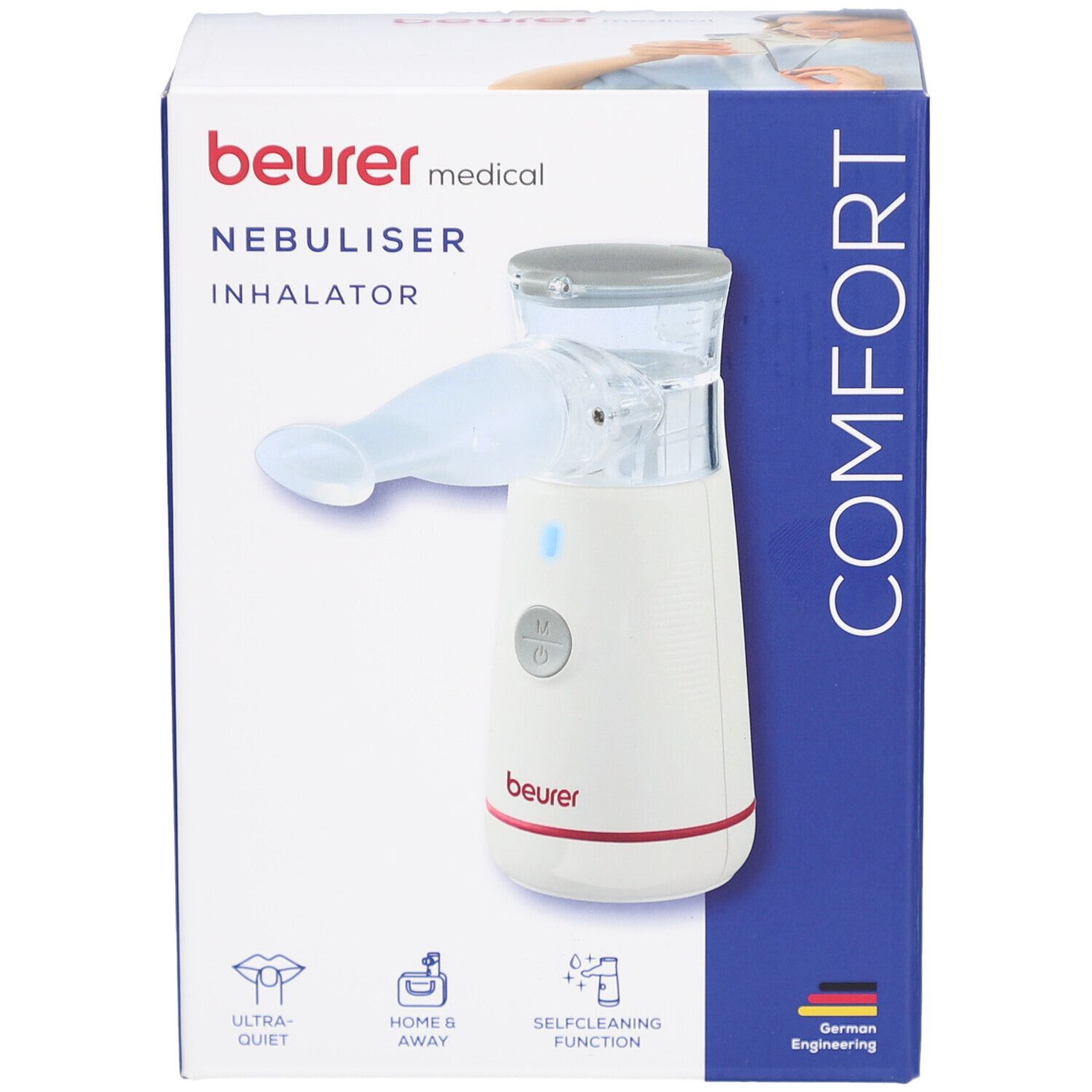 Beurer Inhalator IH 47 in Verpackung. Weißes Gerät mit Mundstück, blauem Licht und rotem Ring. Aufschrift: NEBULISER INHALATOR.