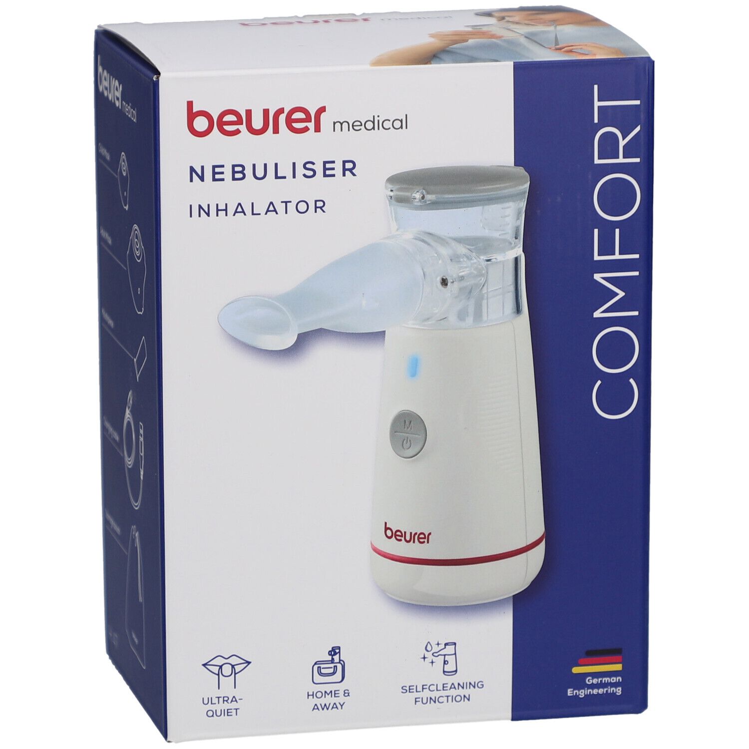 Beurer Inhalator IH 47 in Verpackung. Weißes Gerät mit Mundstück, blauem Licht und rotem Ring. Aufschrift: NEBULISER INHALATOR.