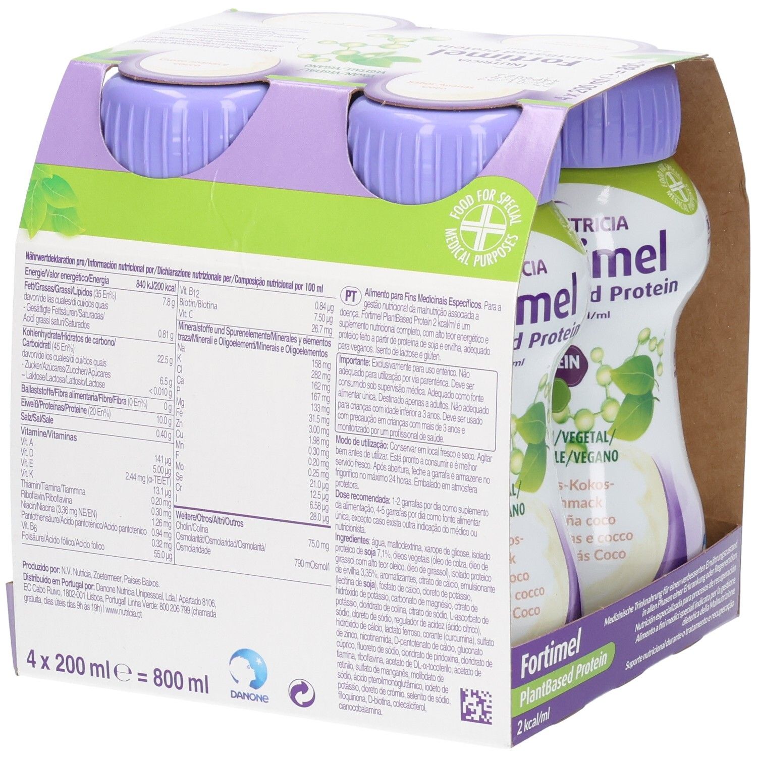 Rückseite der Verpackung mit vier Flaschen FORTIMEL PlantBased Protein. Enthält Nährwertangaben und Produktinformationen. 2 kcal/ml.