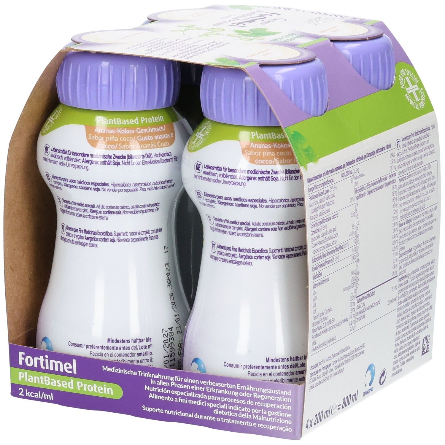 Packung mit vier Flaschen FORTIMEL PlantBased Protein. Flaschen mit lila Deckel, weißem Etikett und grünen Akzenten. 2 kcal/ml.