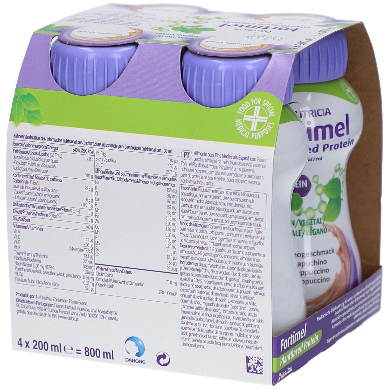 Rückseite einer Packung mit vier Flaschen Fortimel PlantBased Protein Cappuccino. Text und Nährwertangaben.