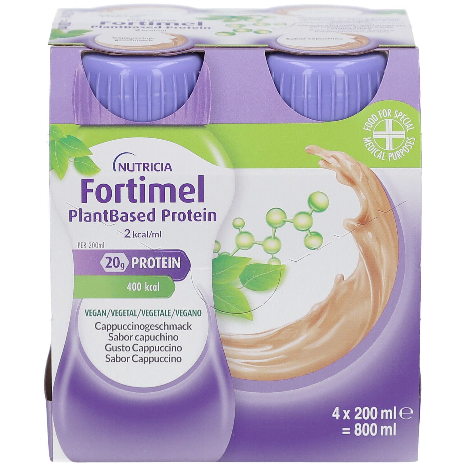 Fortimel PlantBased Protein Cappuccino Flasche, mit lila Deckel. 20% Protein, 400 kcal.