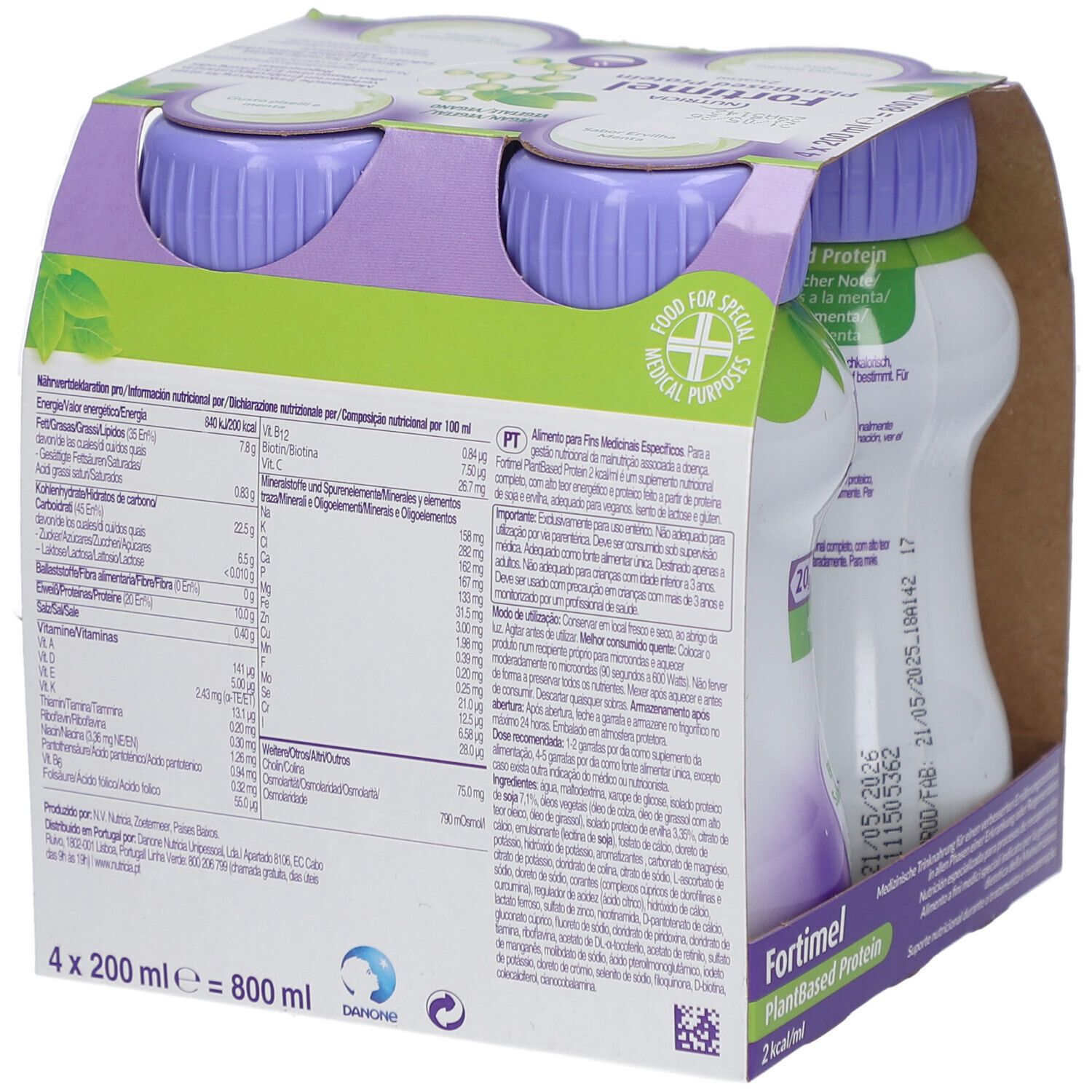 Rückseite der Packung mit vier Flaschen Fortimel PlantBased Protein. Text mit Nährwertangaben und Inhaltsstoffen.