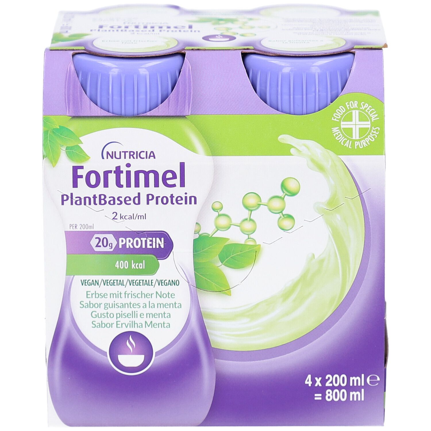 Einzelne Flasche Fortimel PlantBased Protein. Flasche mit lila Deckel, grünes Etikett. Aufdruck: 20g Protein.