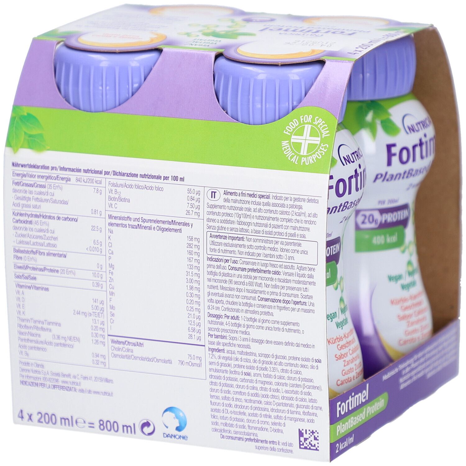 Rückseite der Verpackung mit Nährwertinformationen und Produktangaben für Nutricia Fortimel PlantBased Protein.