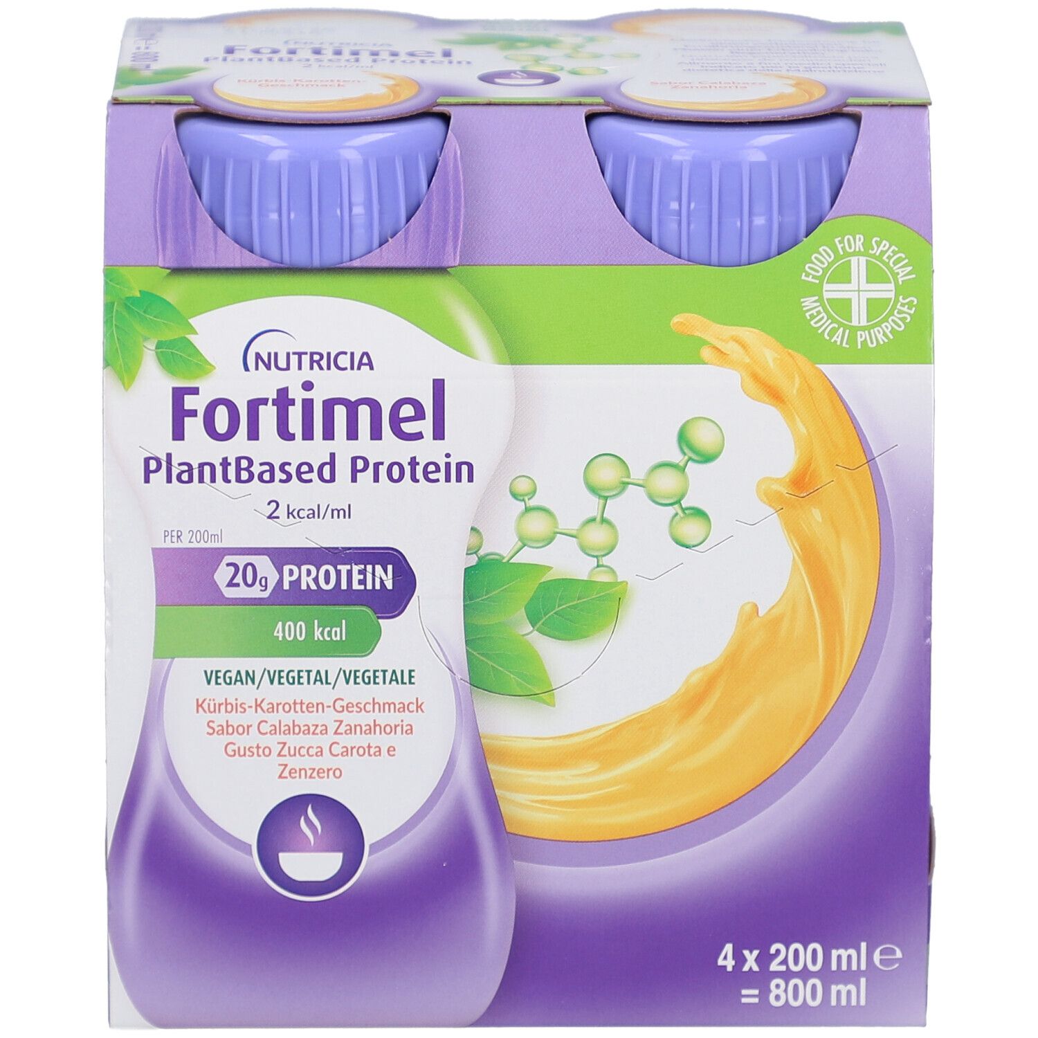 Nahaufnahme einer Flasche Nutricia Fortimel PlantBased Protein. Lila Deckel, gelber Inhalt, Produktinformationen.