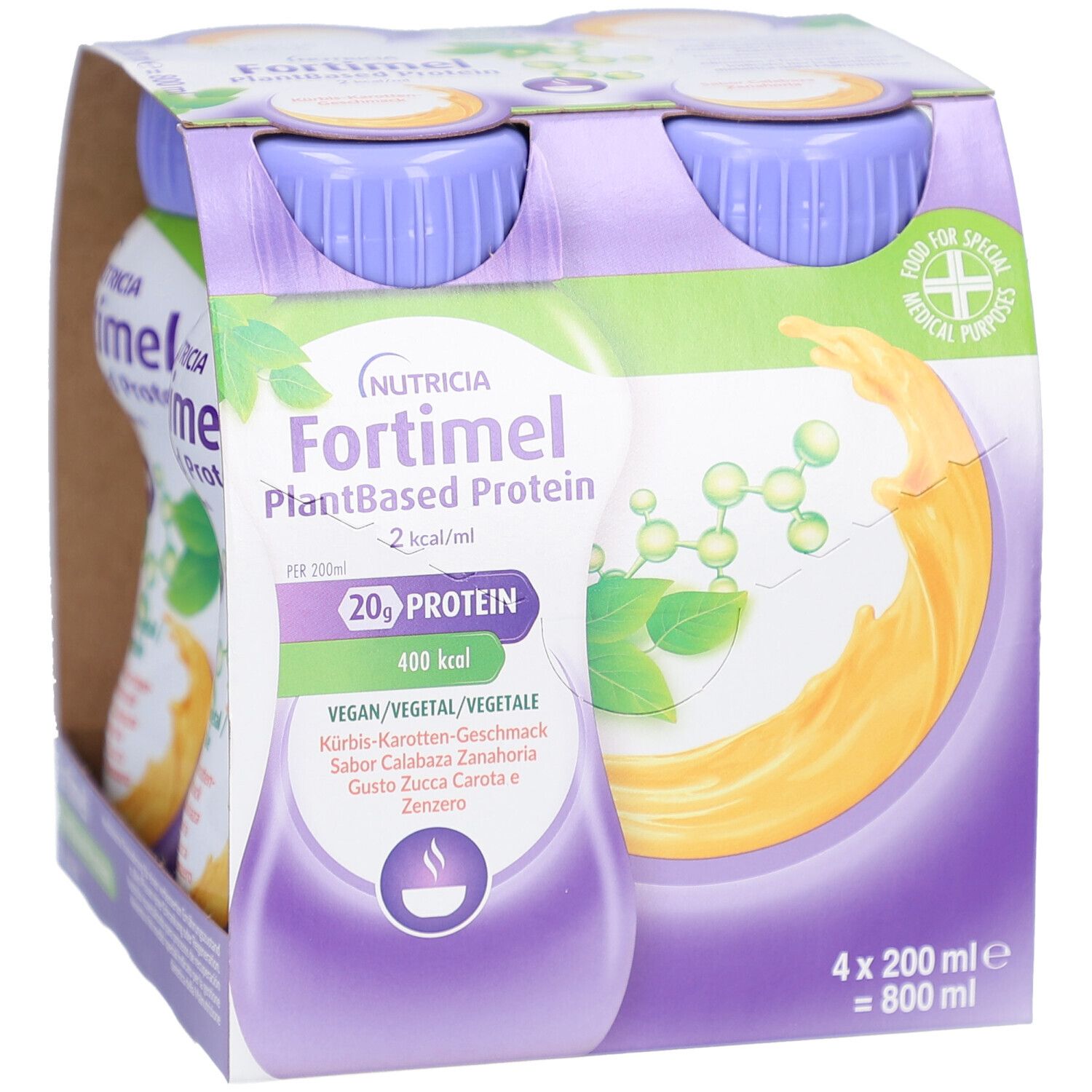 Packung mit vier Flaschen Nutricia Fortimel PlantBased Protein. Flaschen mit lila Deckel, gelbem Inhalt und Produktinformationen.