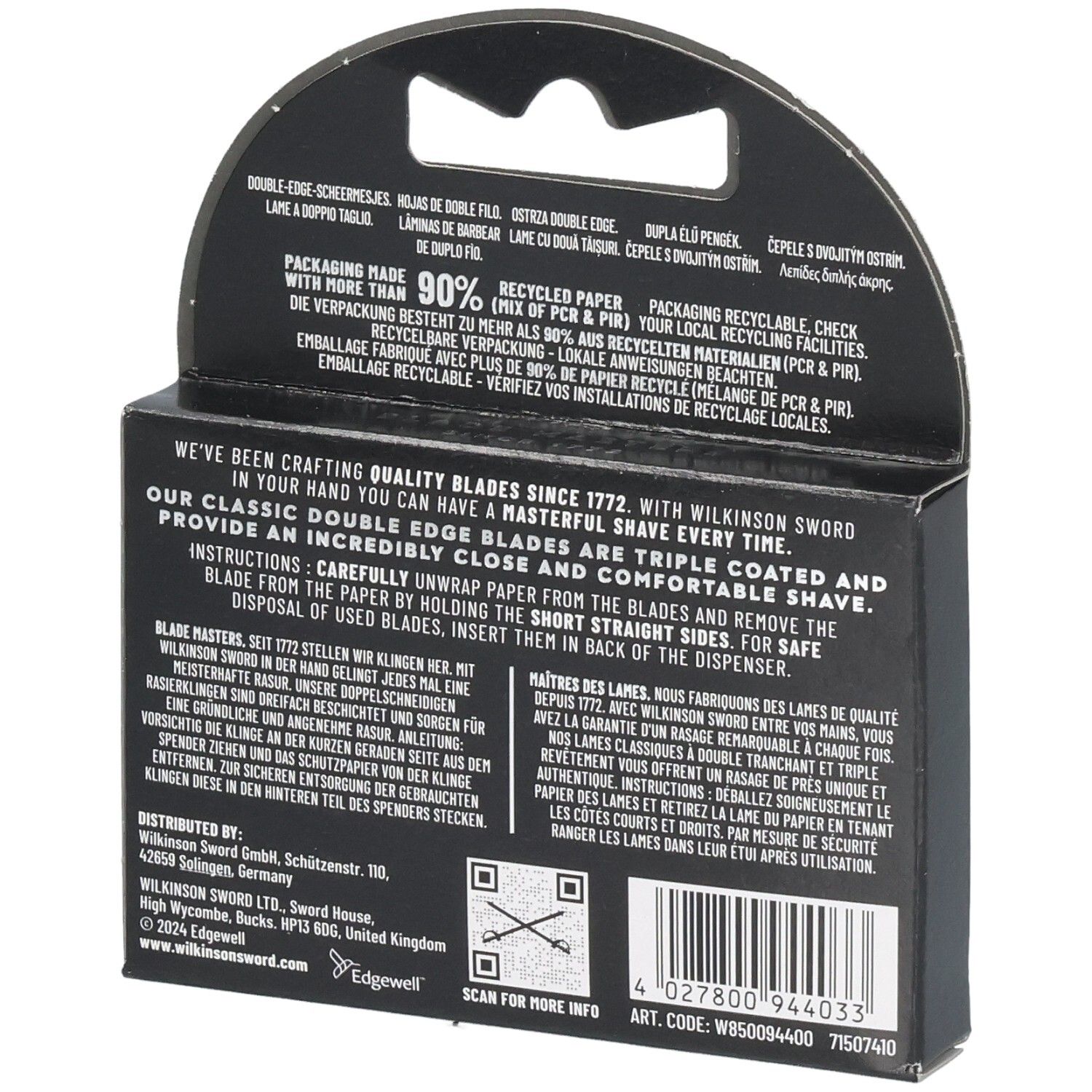 Verpackung mit 10 Wilkinson Sword Double Edge Rasierklingen, Rückseite.
