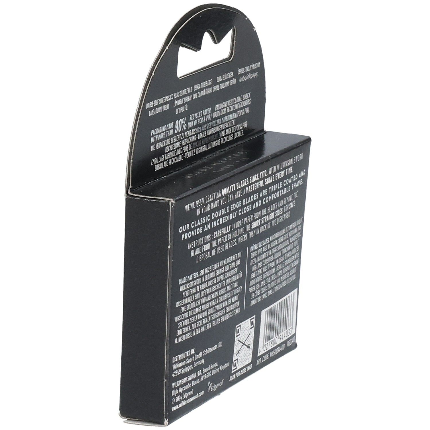Verpackung mit 10 Wilkinson Sword Double Edge Rasierklingen, Seitenansicht.