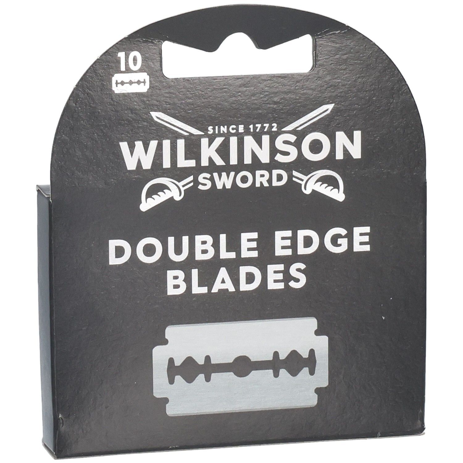 Verpackung mit 10 Wilkinson Sword Double Edge Rasierklingen, Detailansicht.