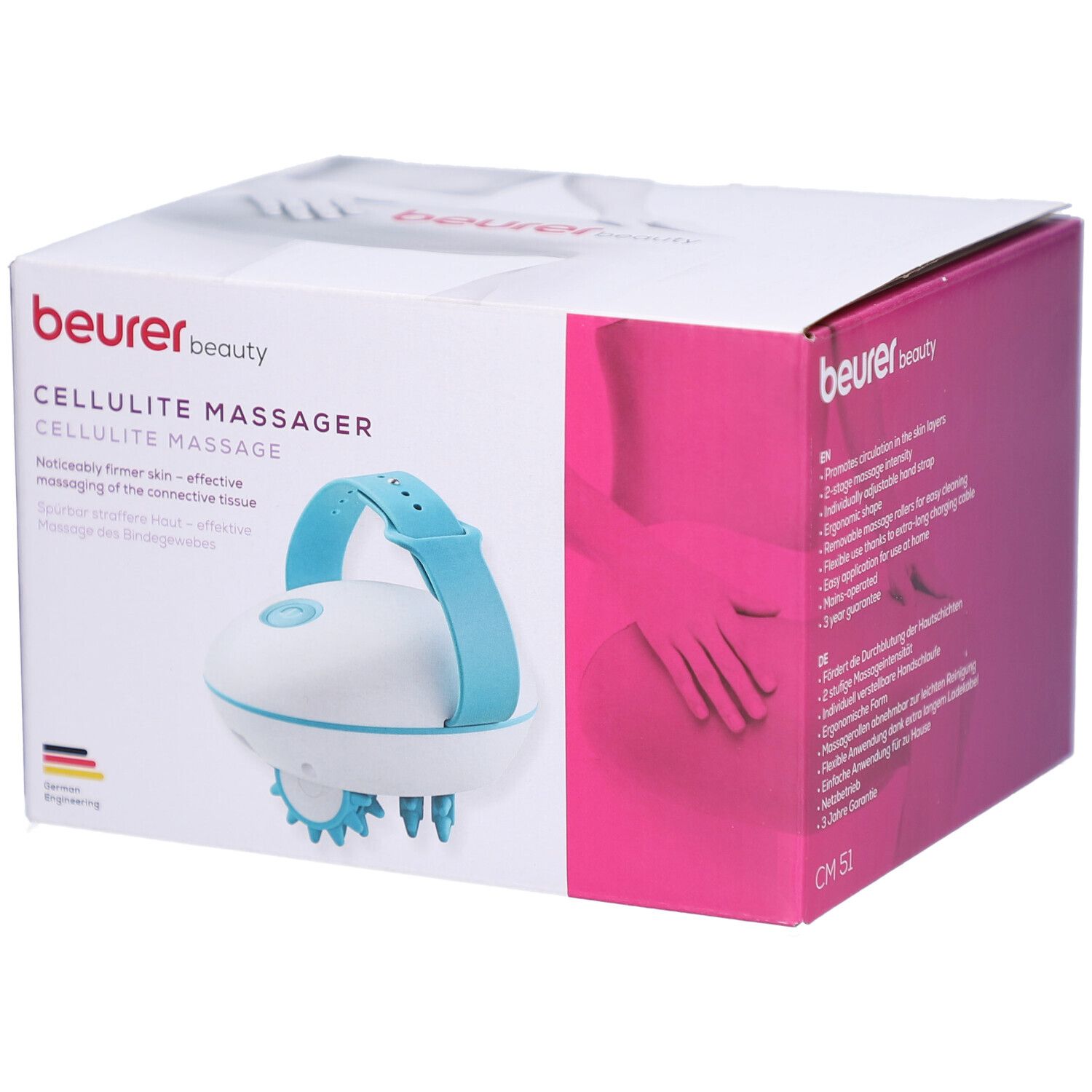 Verpackung des Cellulite Massagegeräts CM 51. Weiß-blaue Massagegerät mit Griff. Beurer-Logo und Produktname auf der Verpackung.