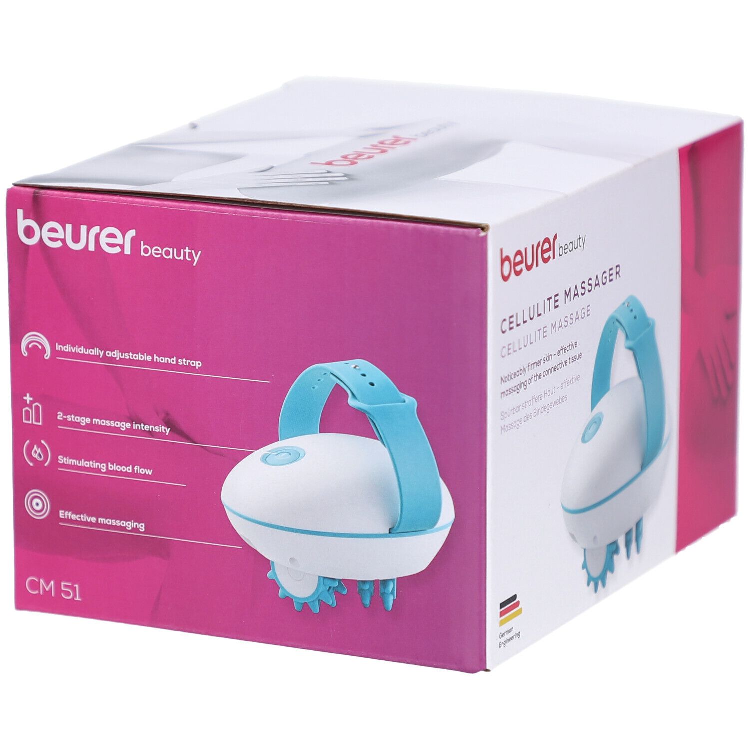 Verpackung des Cellulite Massagegeräts CM 51. Weiß-blaues Massagegerät mit Griff. Beurer-Logo und Produktmerkmale auf der Verpackung.