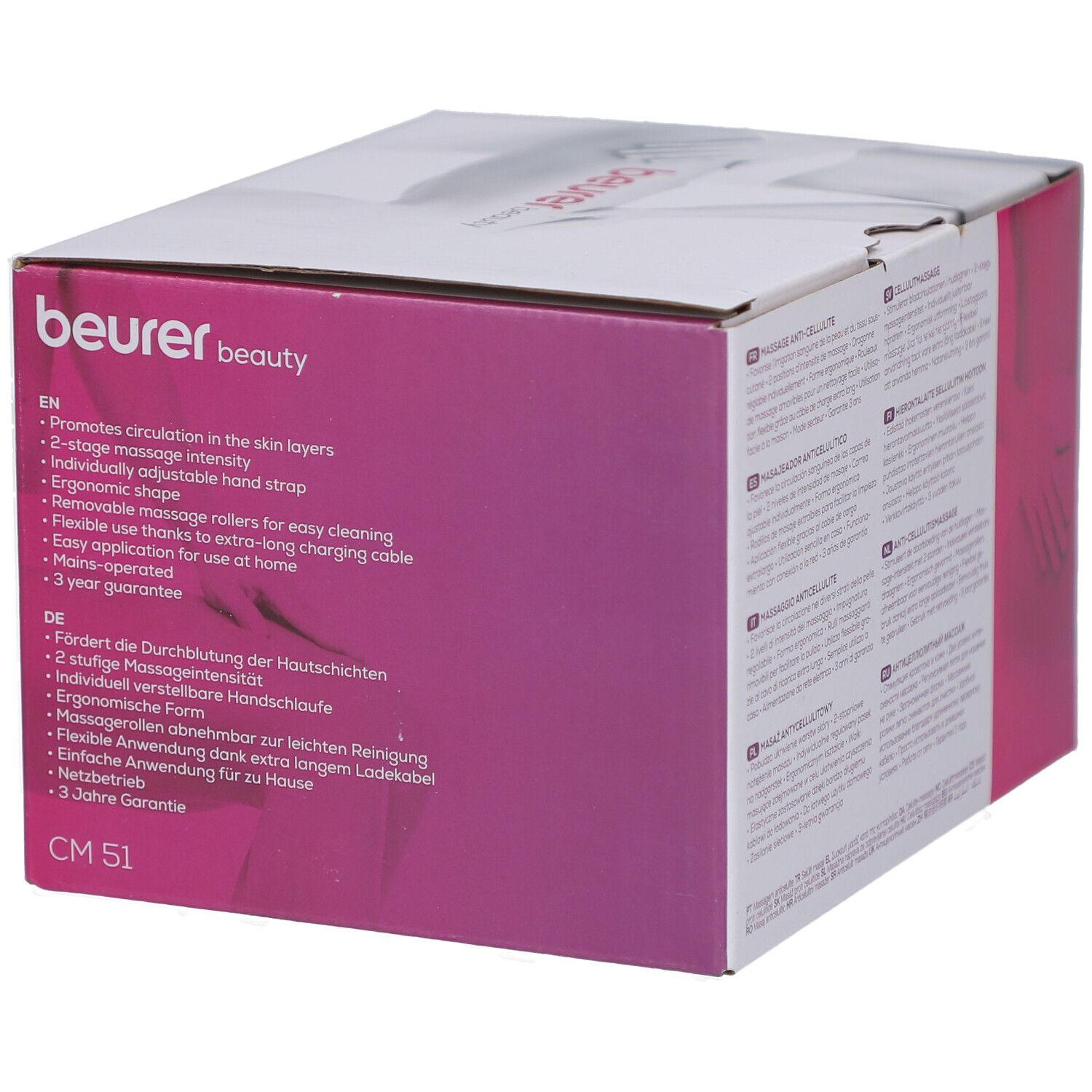 Verpackung des Cellulite Massagegeräts CM 51. Produktmerkmale in Englisch und Deutsch. Beurer-Logo und CM 51.