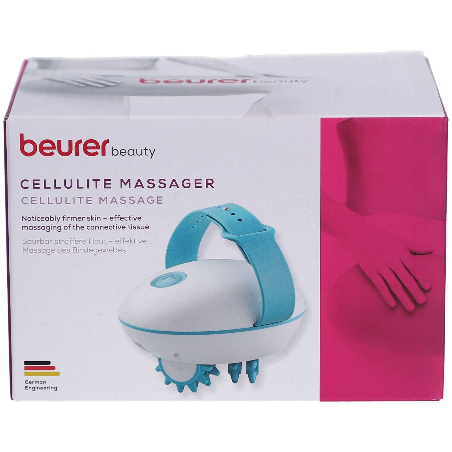 Cellulite Massagegerät CM 51 in der Verpackung. Weiß-blaues Gerät mit Griff und Massageköpfen. Beurer-Logo.