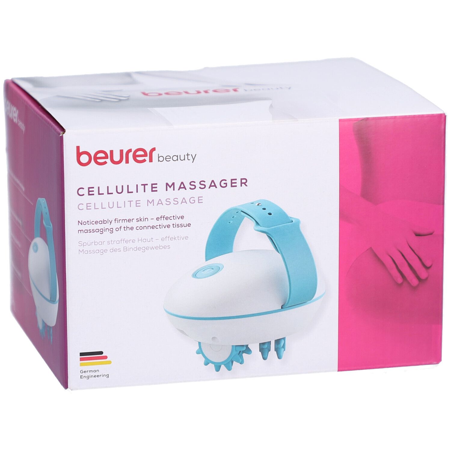Cellulite Massagegerät CM 51 in der Verpackung. Weiß-blaues Gerät mit Griff und Massageköpfen. Beurer-Logo.
