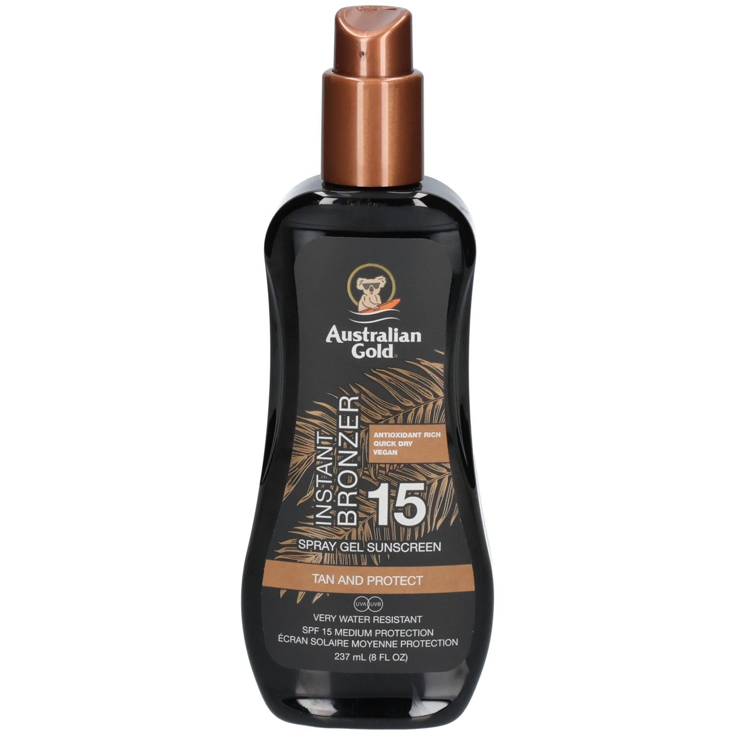 Flacon pulvérisateur noir Australian Gold Instant Bronzer SPF 15 Spray Gel Sunscreen.