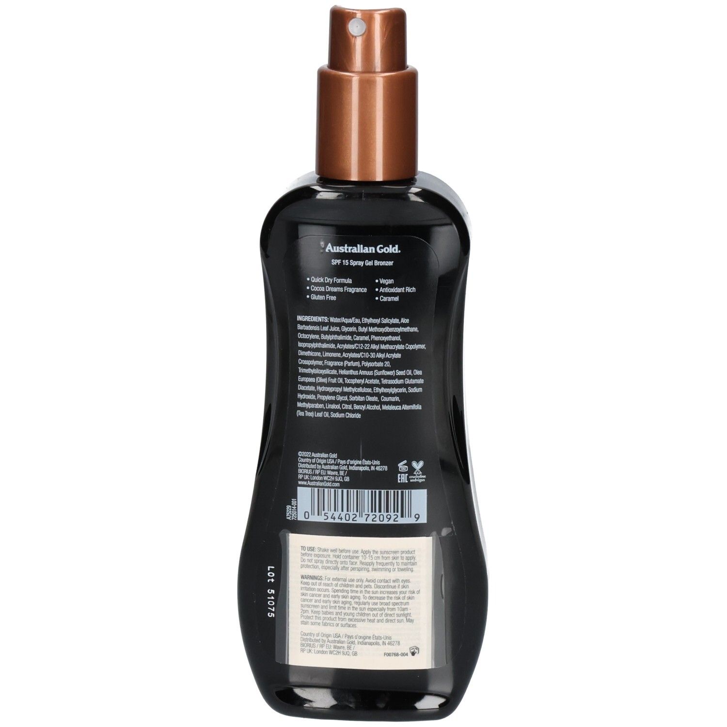 Arrière d'un flacon pulvérisateur noir Australian Gold Instant Bronzer SPF 15 Spray Gel Sunscreen.