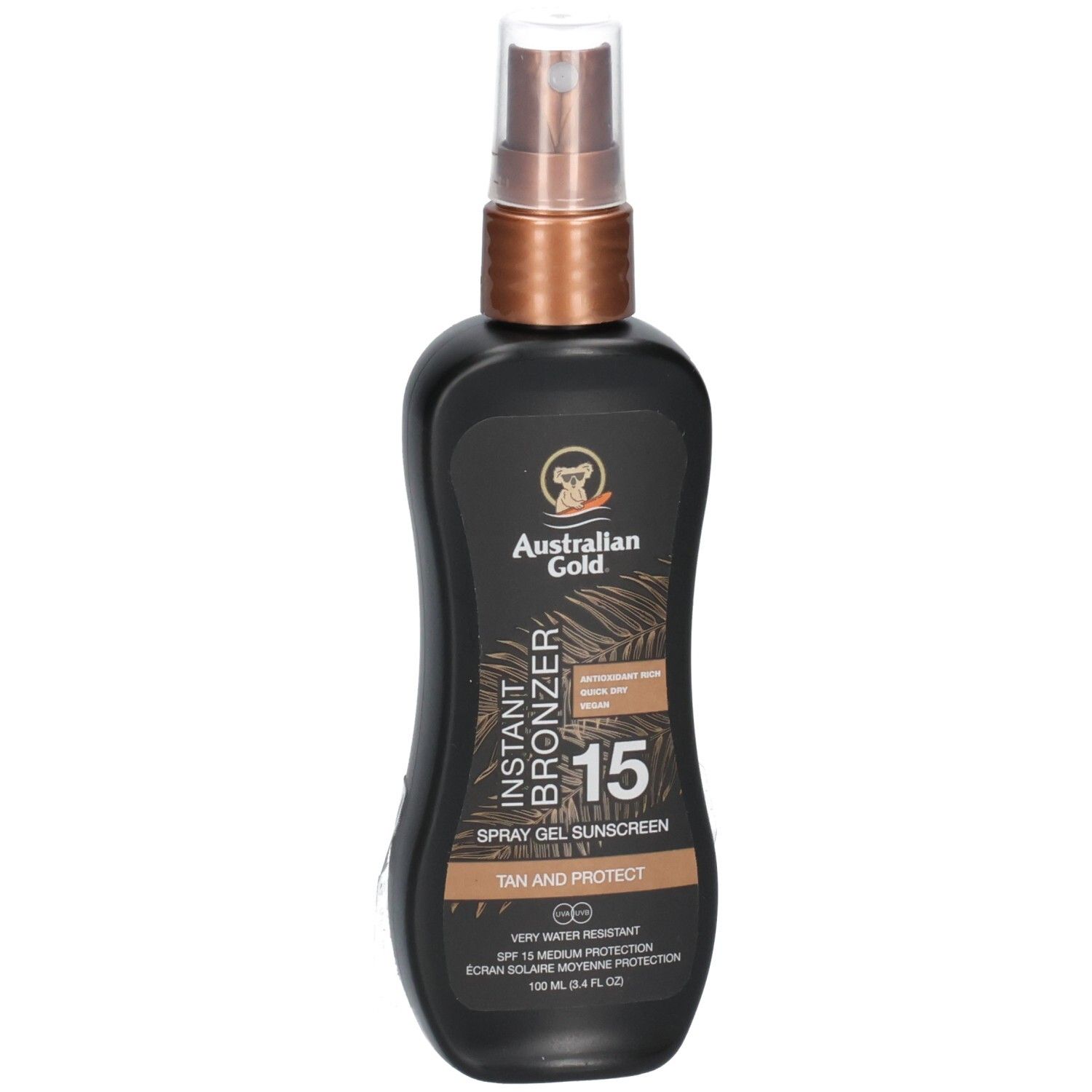 Flacon pulvérisateur noir Australian Gold Instant Bronzer SPF 15.