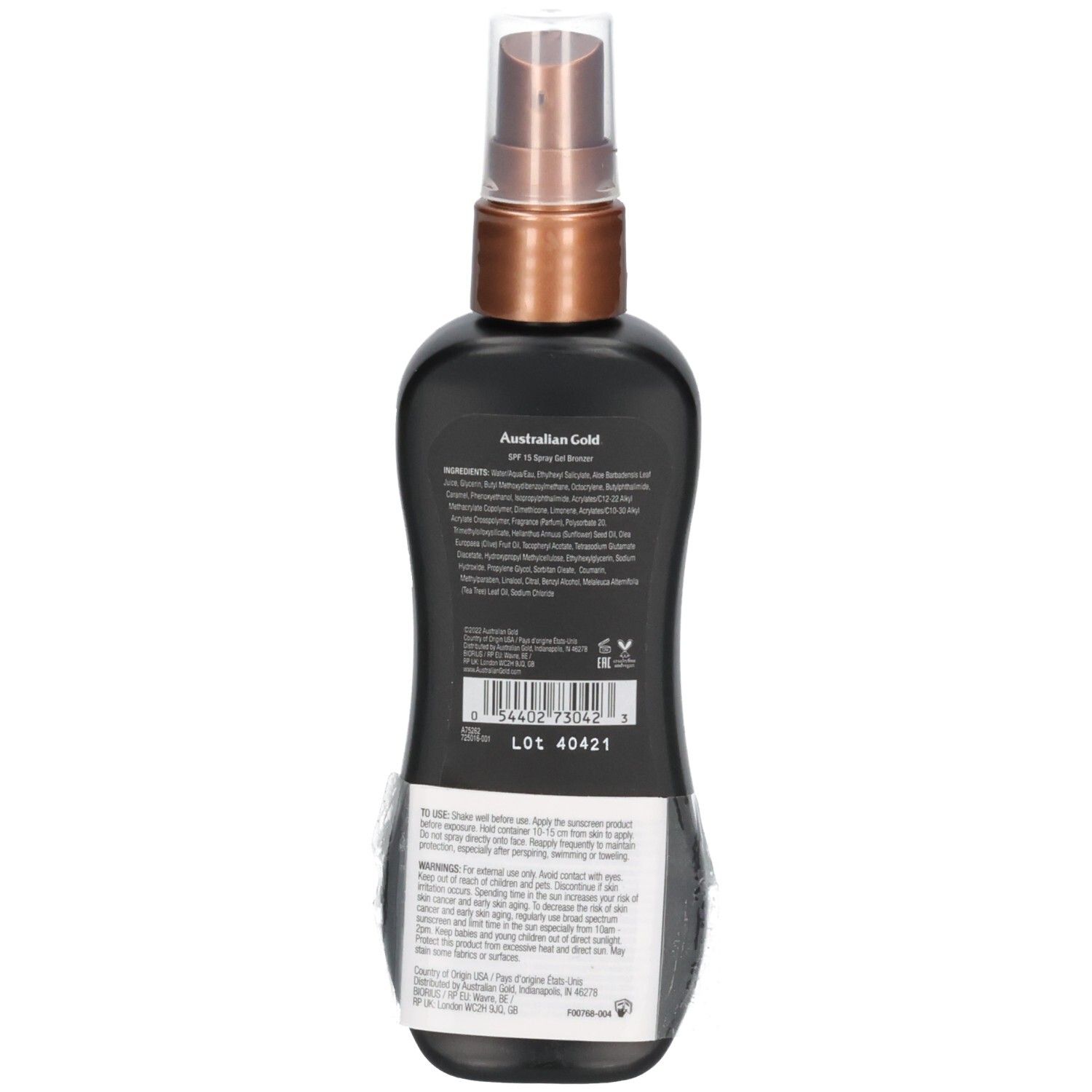 Arrière d'un flacon pulvérisateur noir Australian Gold Instant Bronzer SPF 15.