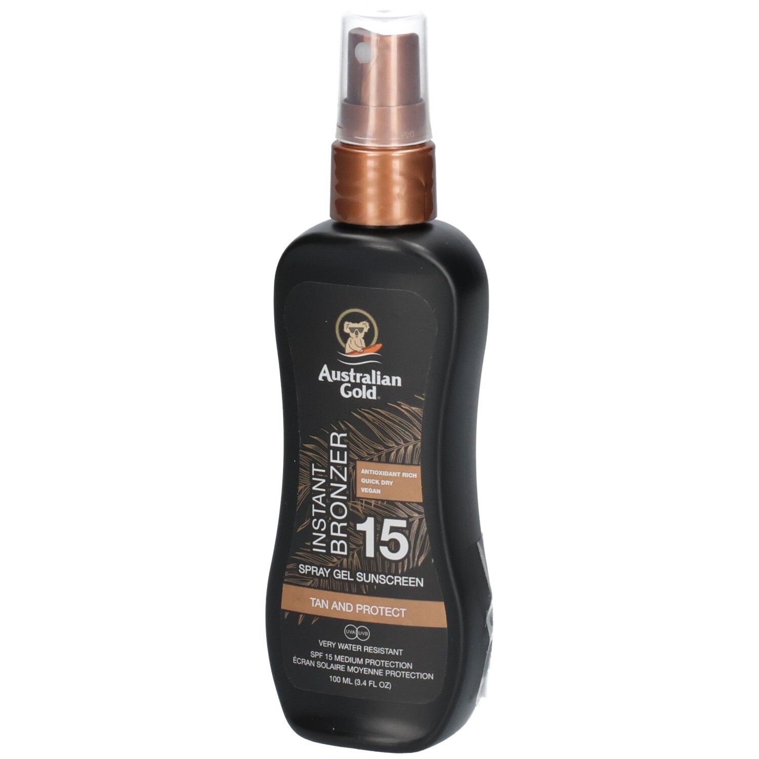 Flacon pulvérisateur noir Australian Gold Instant Bronzer SPF 15.