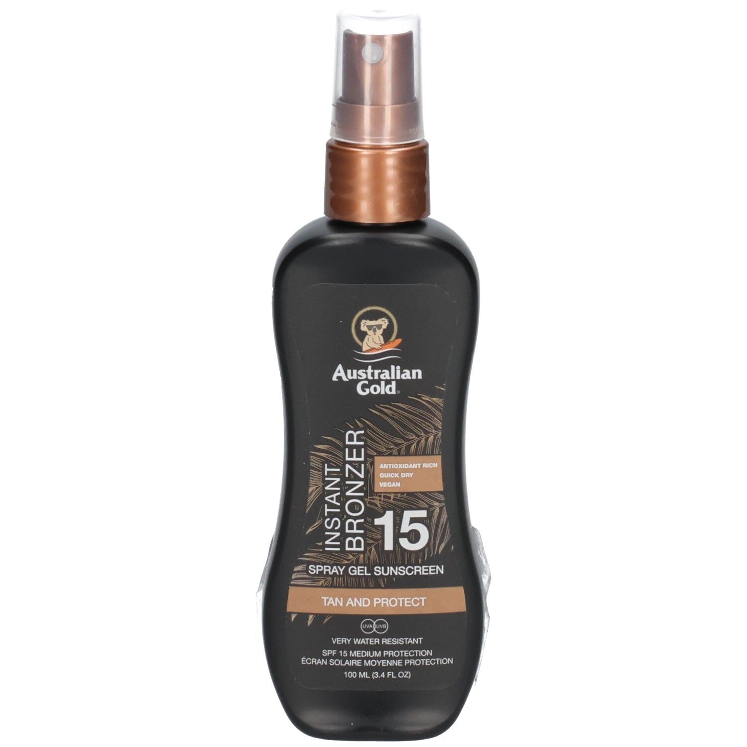 Flacon pulvérisateur noir Australian Gold Instant Bronzer SPF 15.