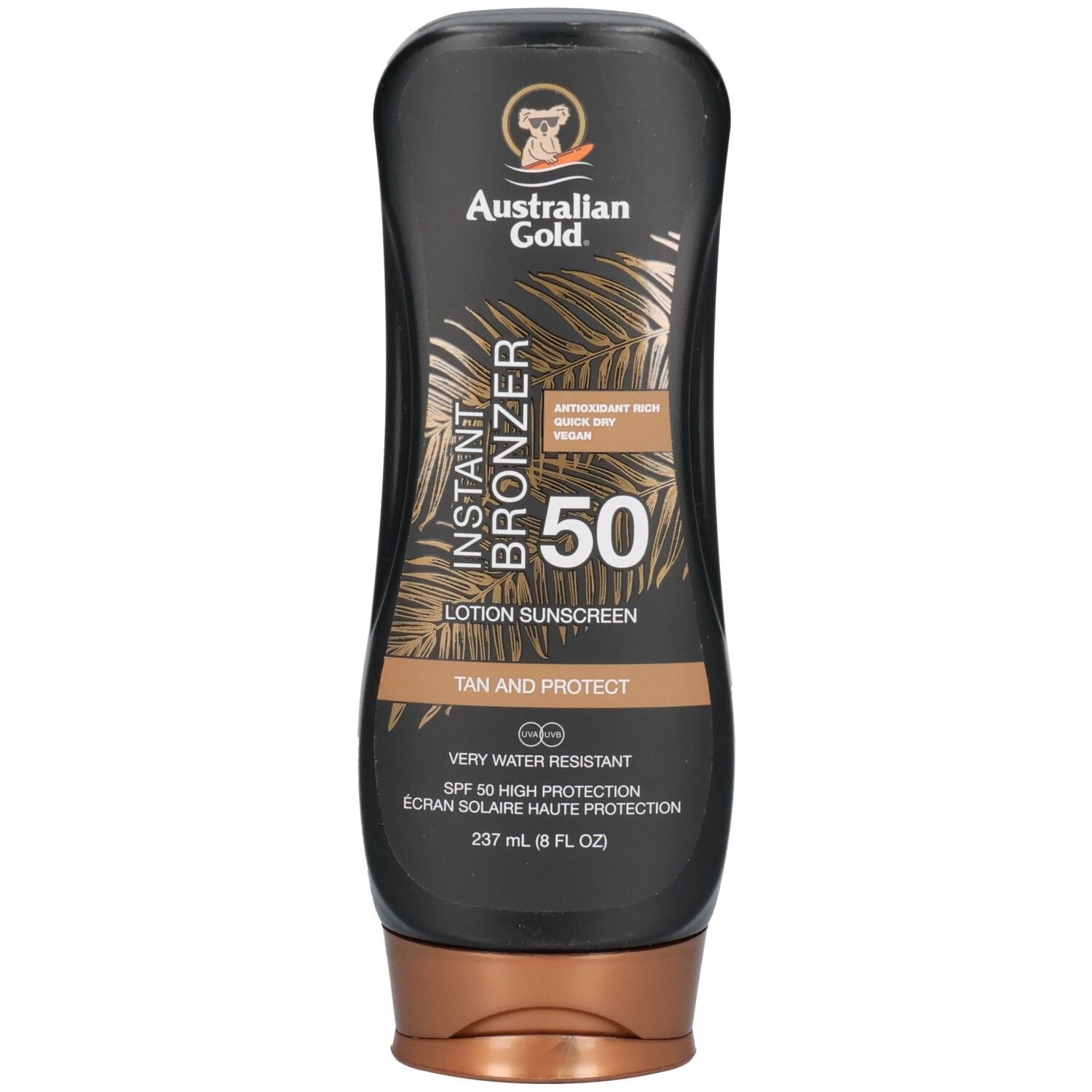 Schwarze Flasche mit australischem Gold Instant Bronzer SPF 50 Lotion Sonnenschutz. Tan and Protect.