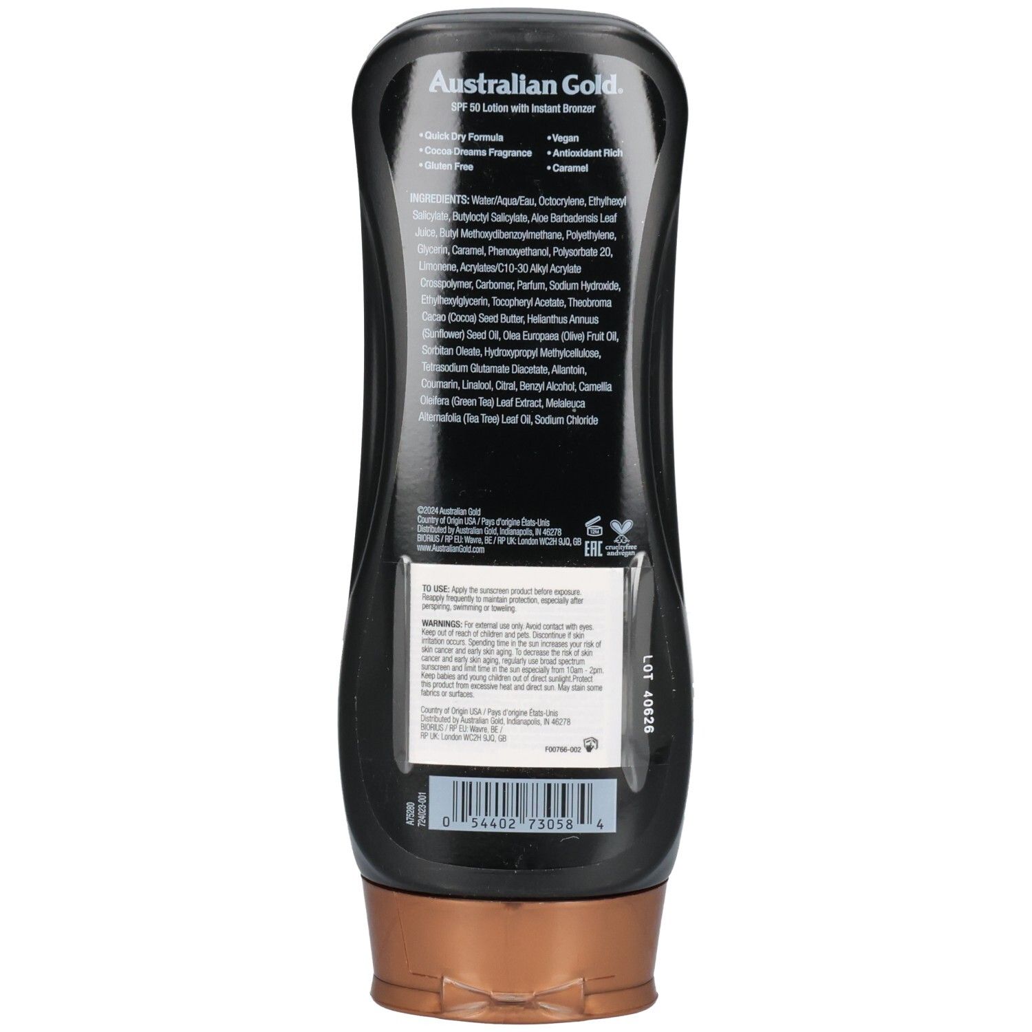 Rückseite einer schwarzen Flasche mit australischem Gold Instant Bronzer SPF 50 Lotion Sonnenschutz, mit Inhaltsstoffliste.