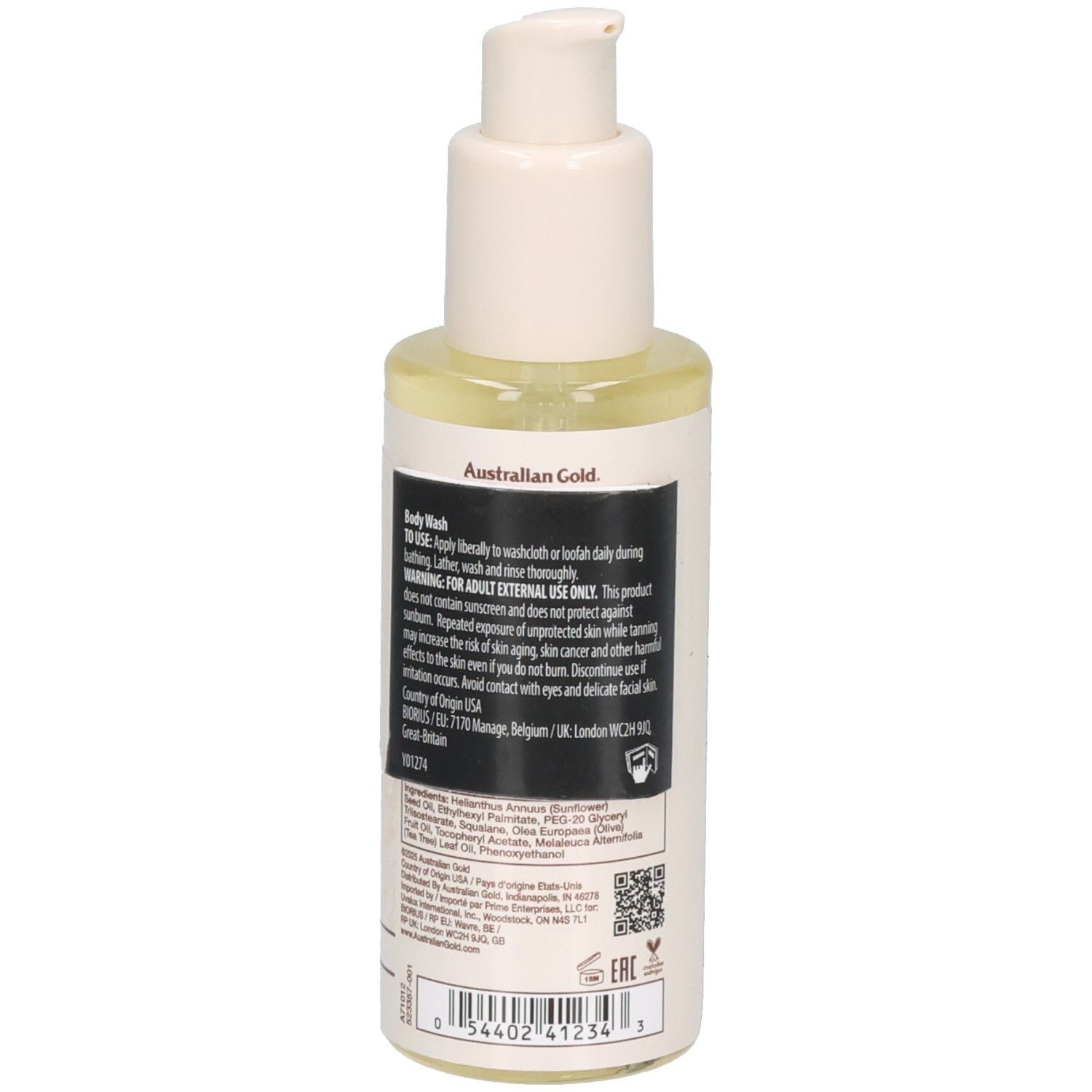 Eine Flasche Body Wash mit Pumpspender, Marke Australian Gold.