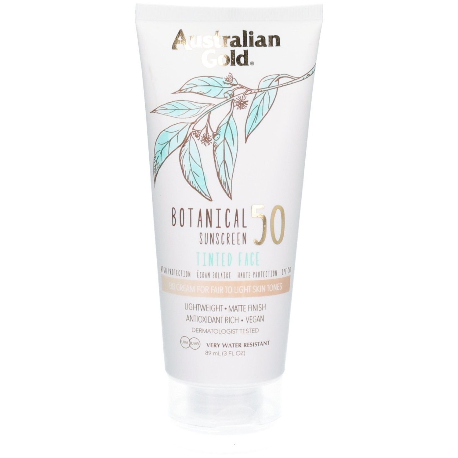 Tube mit getönter Gesichts-Sonnencreme LSF 50, botanische Inhaltsstoffe, helles Finish.